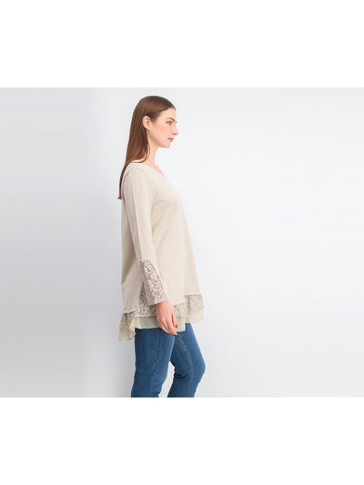 STYLE & COMPANY Womens Beige Lace-trim Long Sleeve Jewel Neck Sweater M