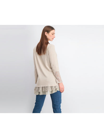 STYLE & COMPANY Womens Beige Lace-trim Long Sleeve Jewel Neck Sweater M