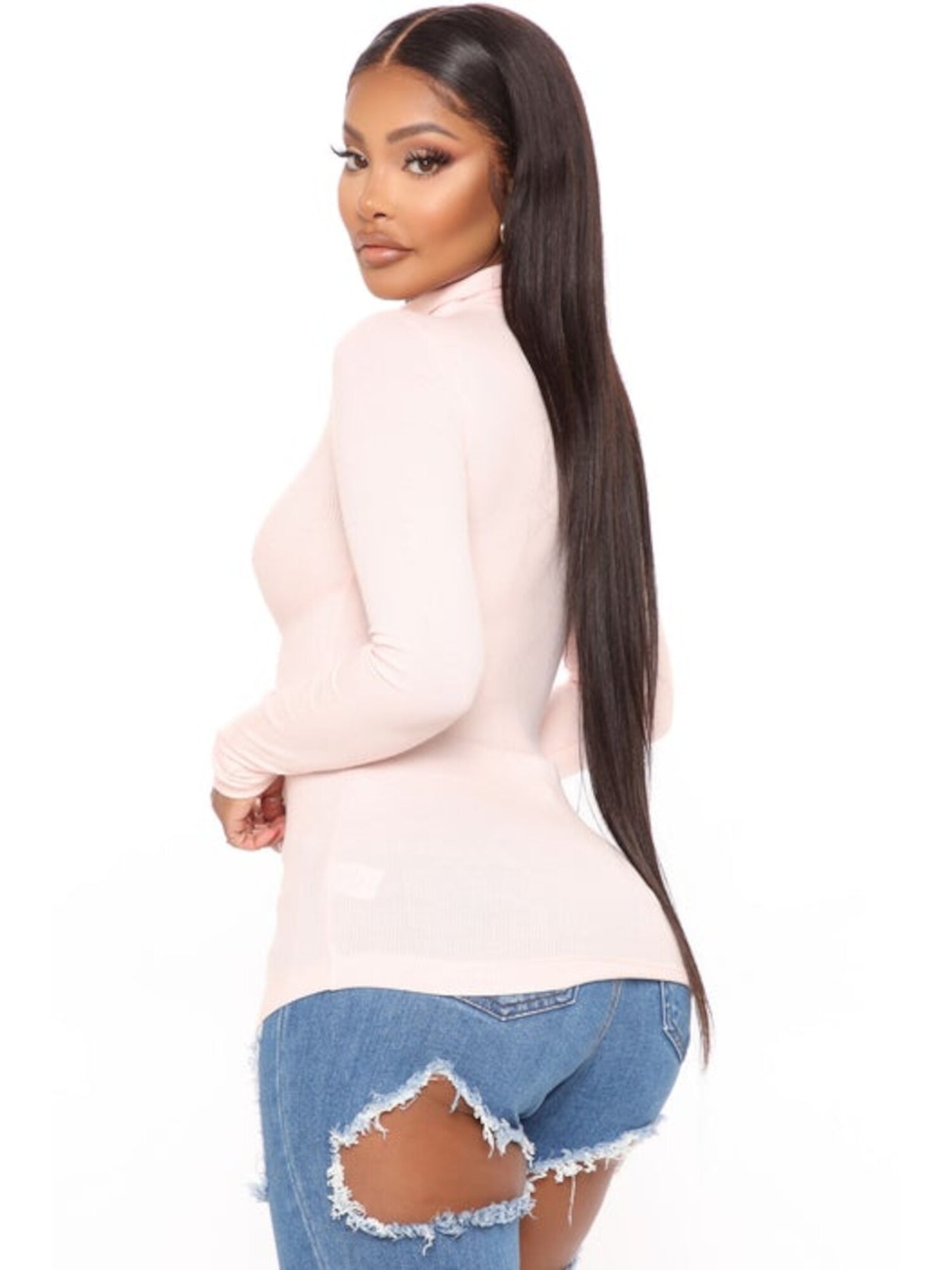 FASHIONNOVA Womens Pink Knit Ribbed Long Sleeve Turtle Neck Top S