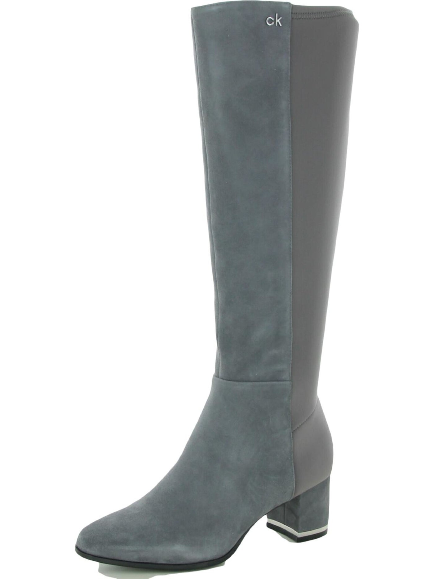 CALVIN KLEIN Womens Thunder Grey Gray Heel Plate Stretch Back Padded Logo Freeda Block Heel Zip-Up Leather Heeled Boots 5