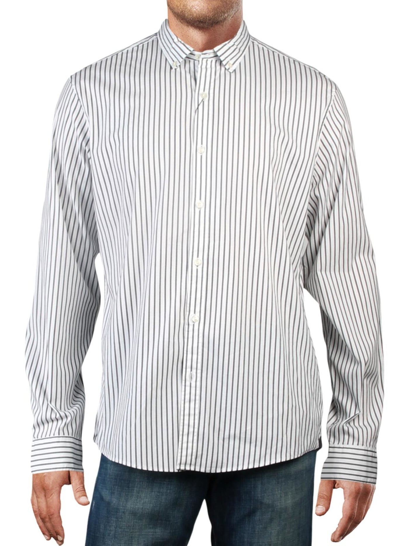 MICHAEL KORS Mens White Striped Slim Fit Button Down Cotton Casual Shirt S