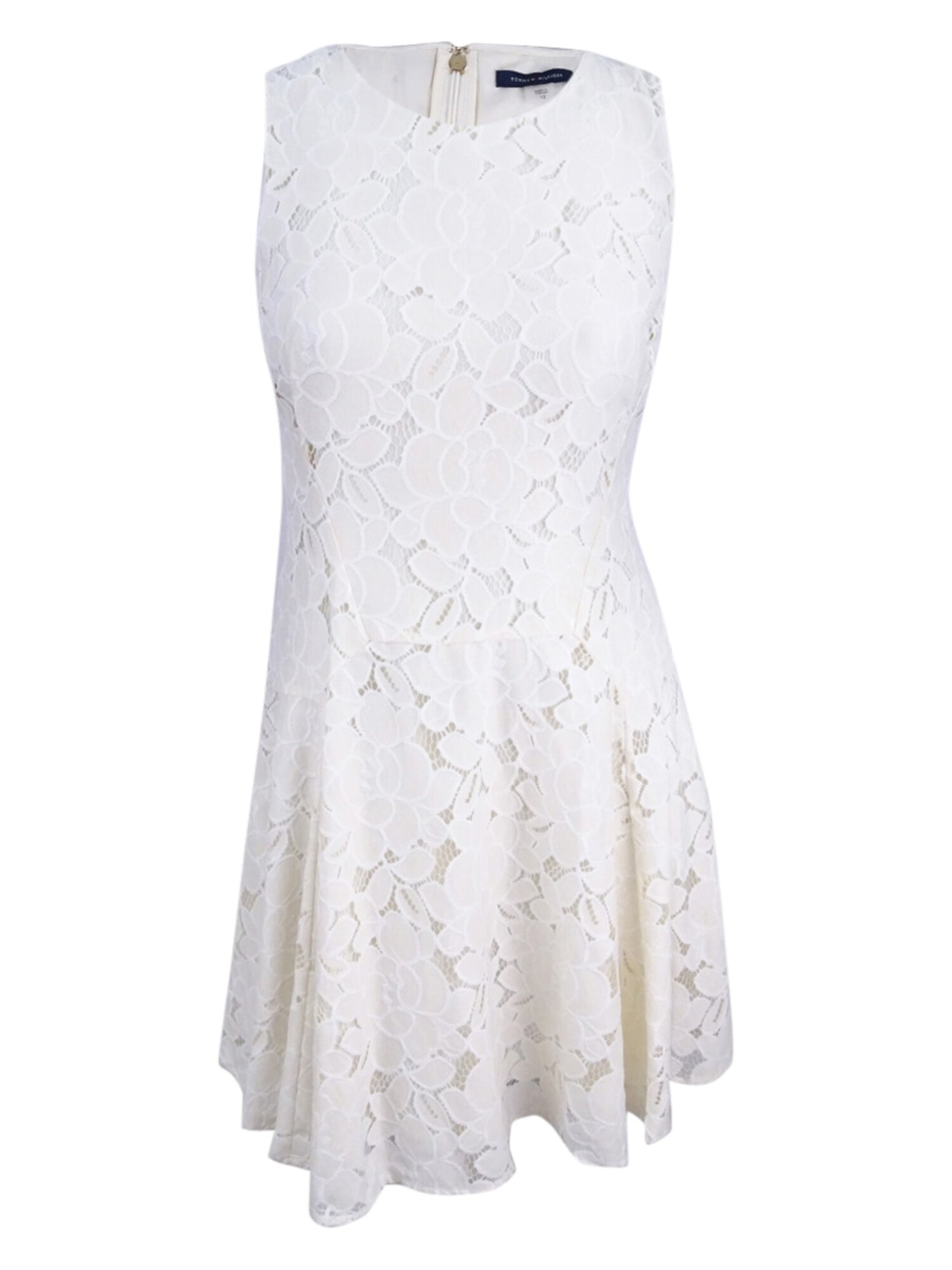 TOMMY HILFIGER Womens White Lace Zippered Lined Floral Sleeveless Jewel Neck Above The Knee Evening Shift Dress 8