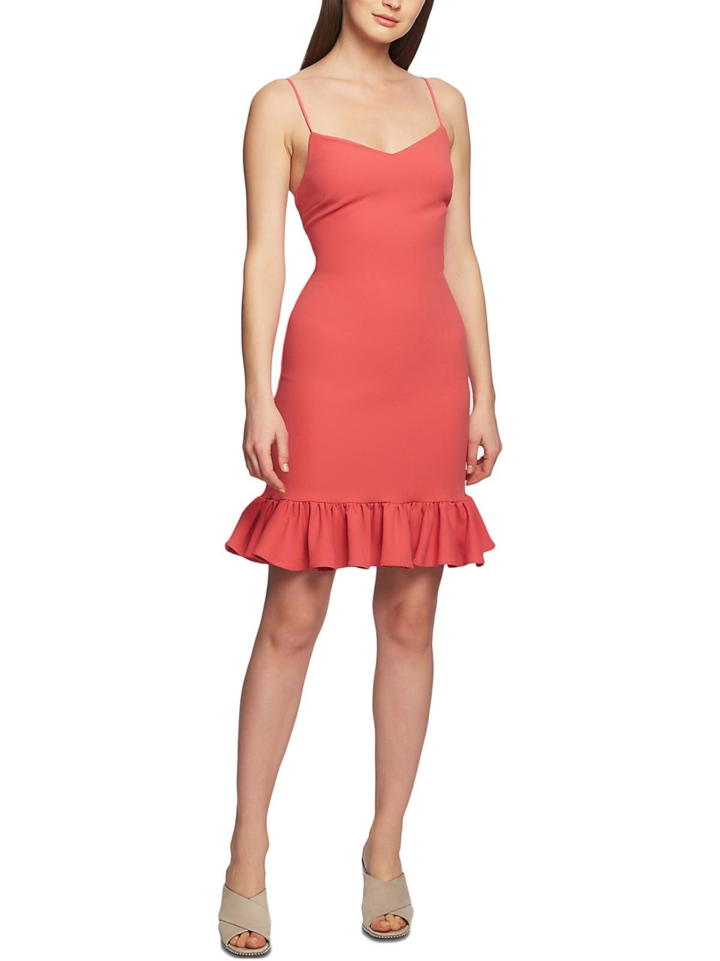 1. STATE Womens Pink Spaghetti Strap V Neck Above The Knee Cocktail Ruffled Dress 8