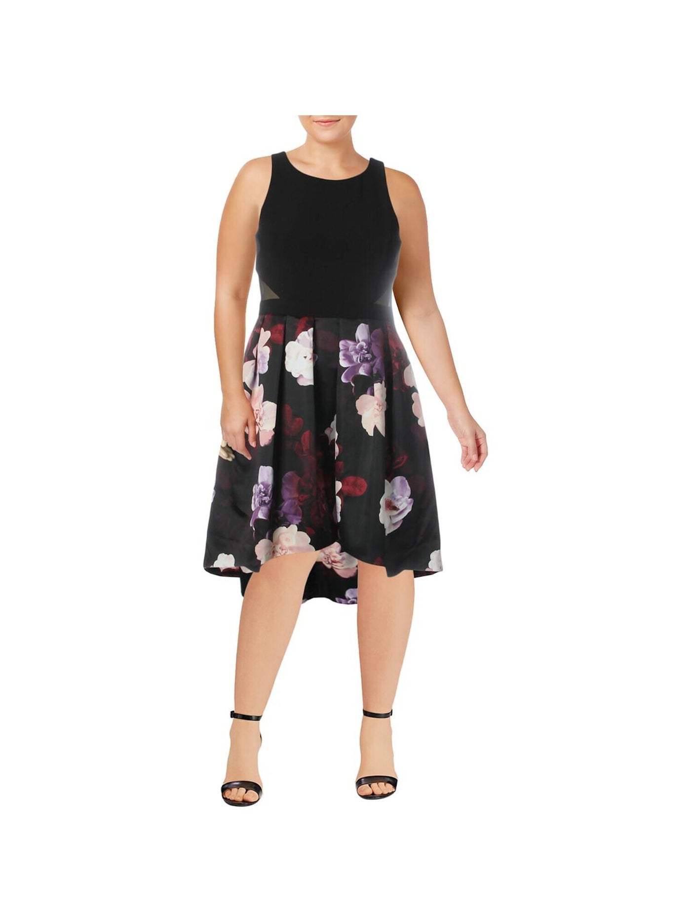 XSCAPE Womens Black Floral Sleeveless Jewel Neck Midi Hi-Lo Dress 4