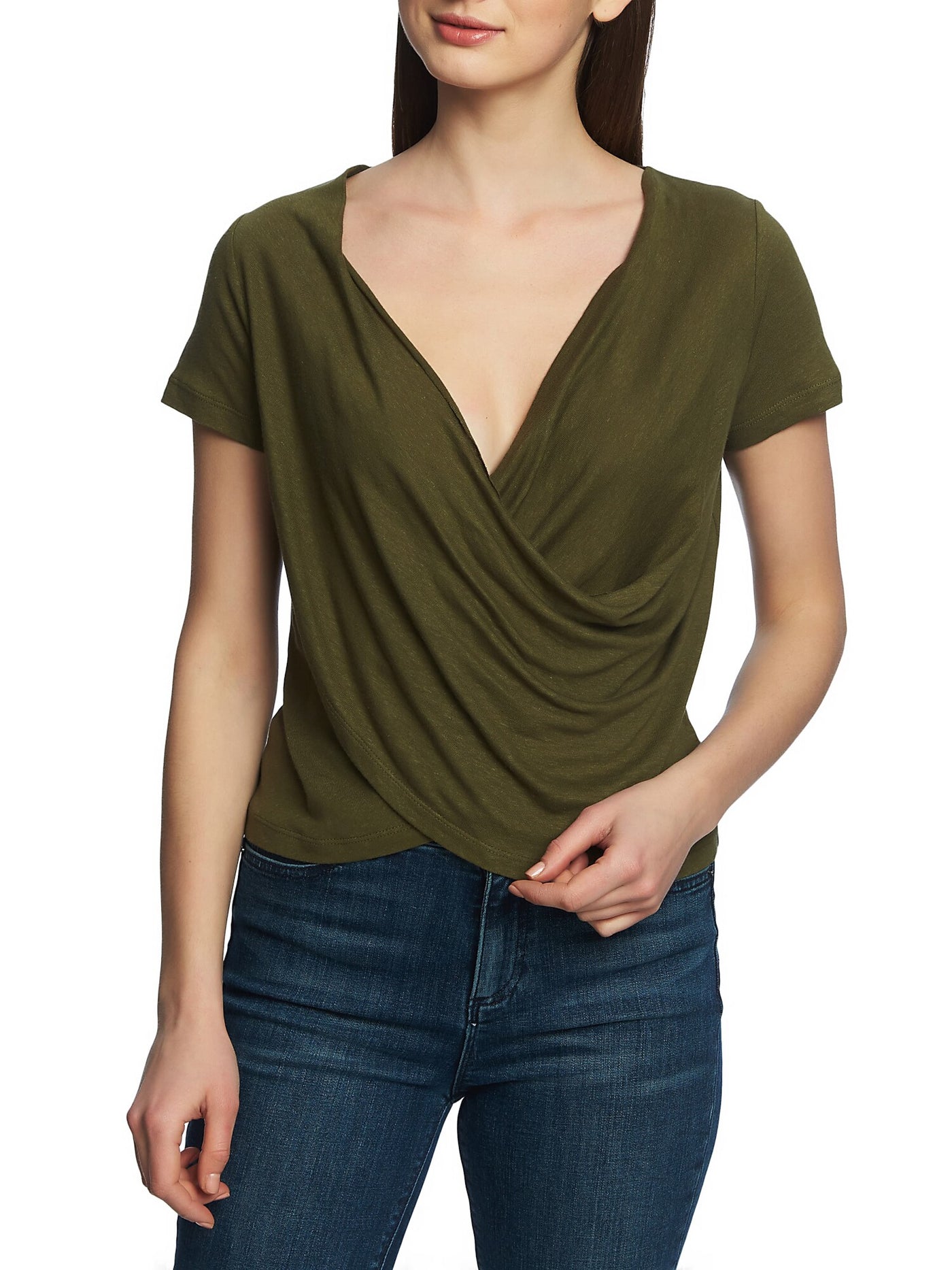 1. STATE Womens Green Short Sleeve V Neck Top XS