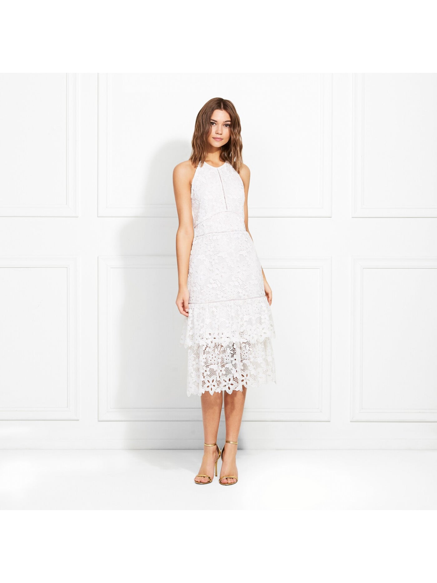 RACHEL ZOE Womens White Lace Sleeveless Halter Midi Formal Sheath Dress 8