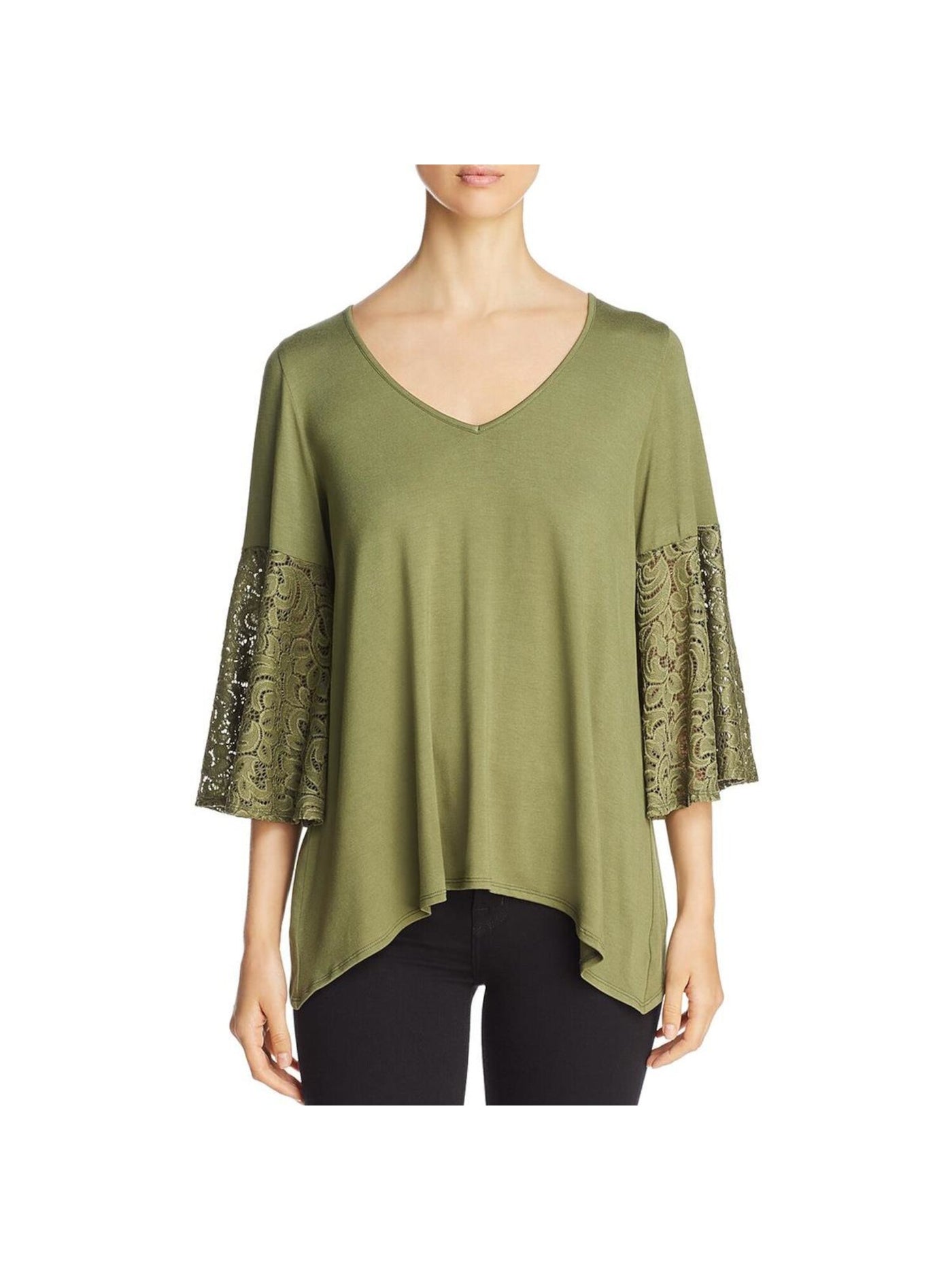 STATUS BY CHENAULT Womens Green Stretch Lace Pullover Styling Bell Sleeve V Neck Blouse M