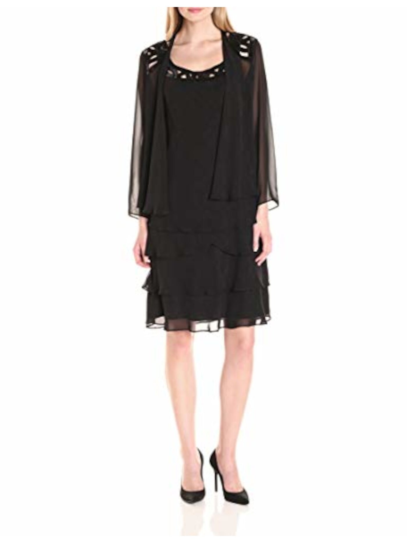 SLNY Womens Black Sheer Embellished Cut Out Long Sleeve Evening Blazer Jacket 8