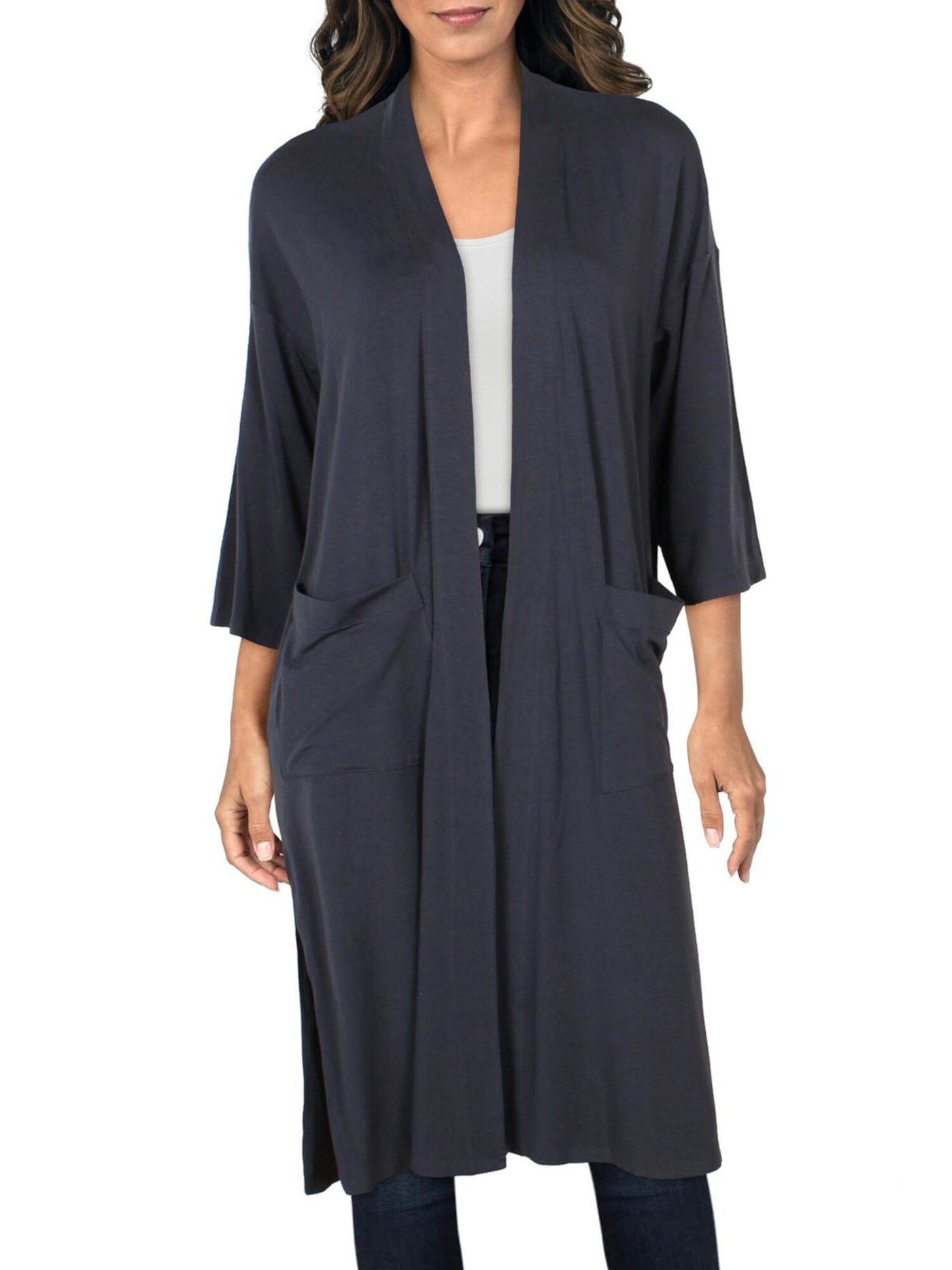 EILEEN FISHER Womens Navy Pocketed Side Slits Duster Elbow Sleeve Open Cardigan Sweater S