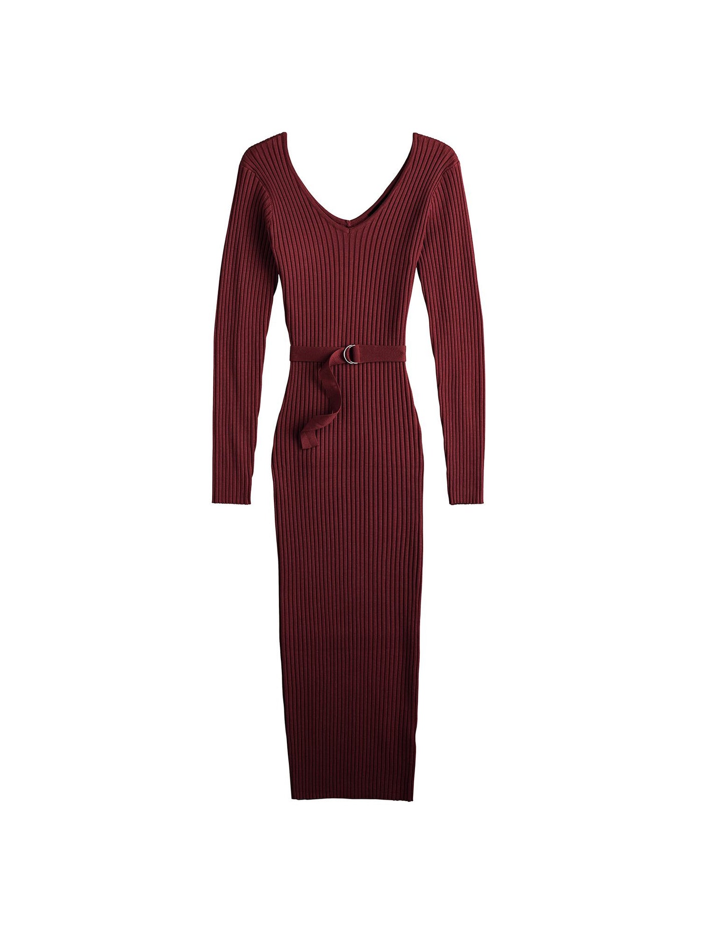ALMOST FAMOUS Womens Burgundy Ribbed Belted V-back Long Sleeve V Neck Midi Wear To Work Body Con Dress Juniors XL
