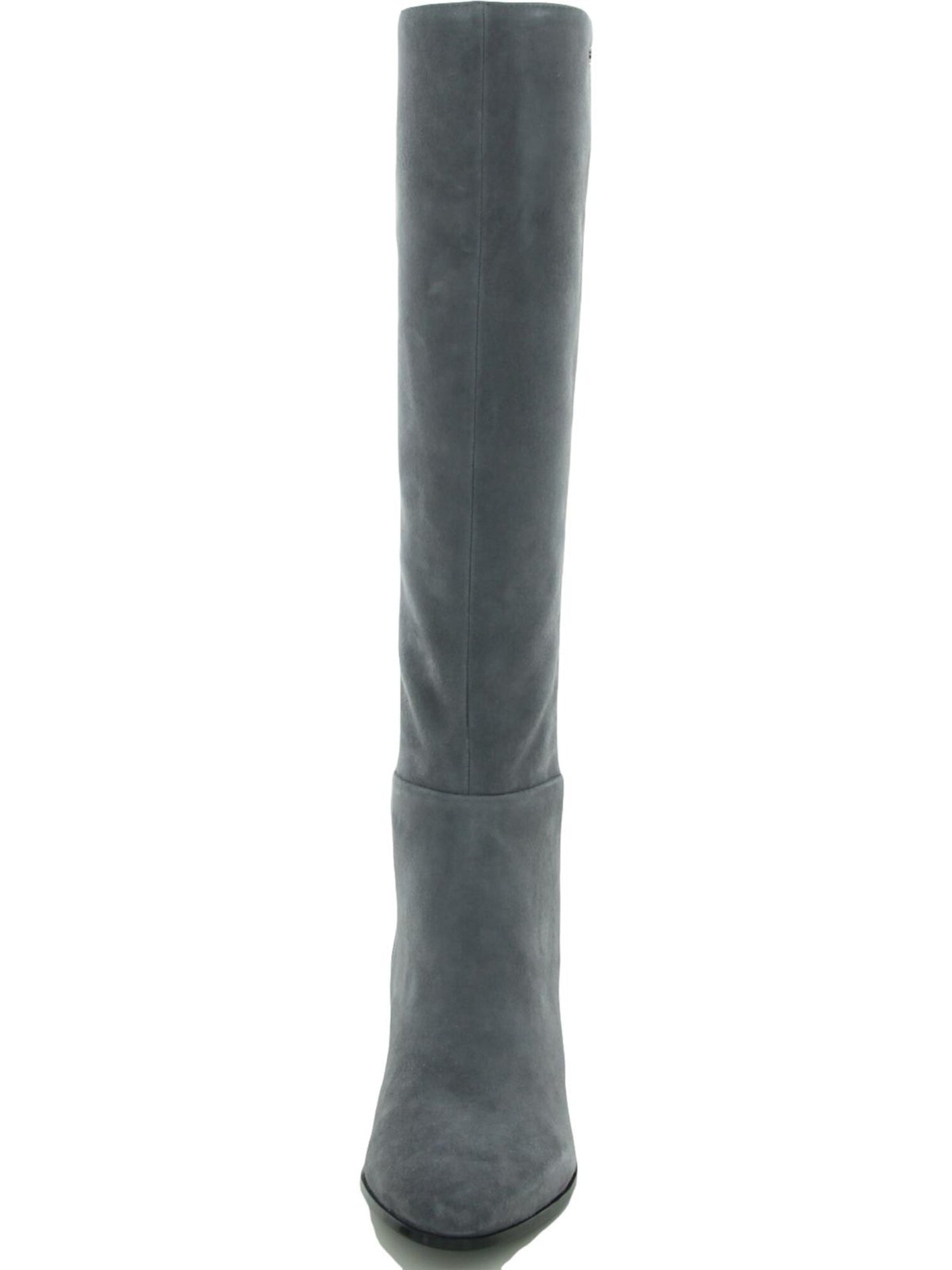 CALVIN KLEIN Womens Thunder Grey Gray Heel Plate Stretch Back Padded Logo Freeda Block Heel Zip-Up Leather Heeled Boots