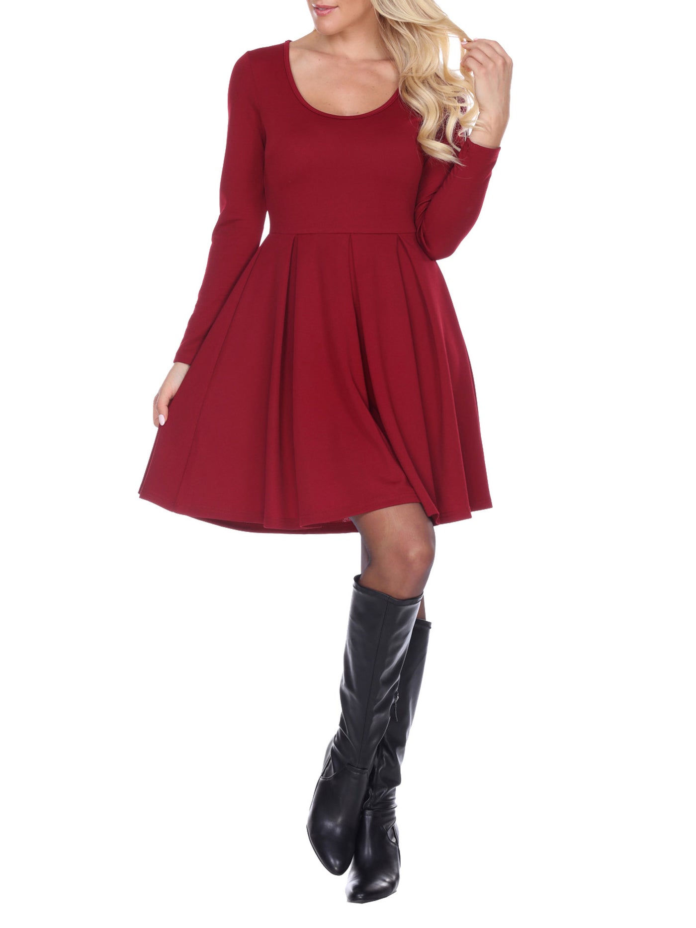 WHITE MARK Womens Burgundy Stretch Textured Pleated Long Sleeve Scoop Neck Short Fit + Flare Dress L