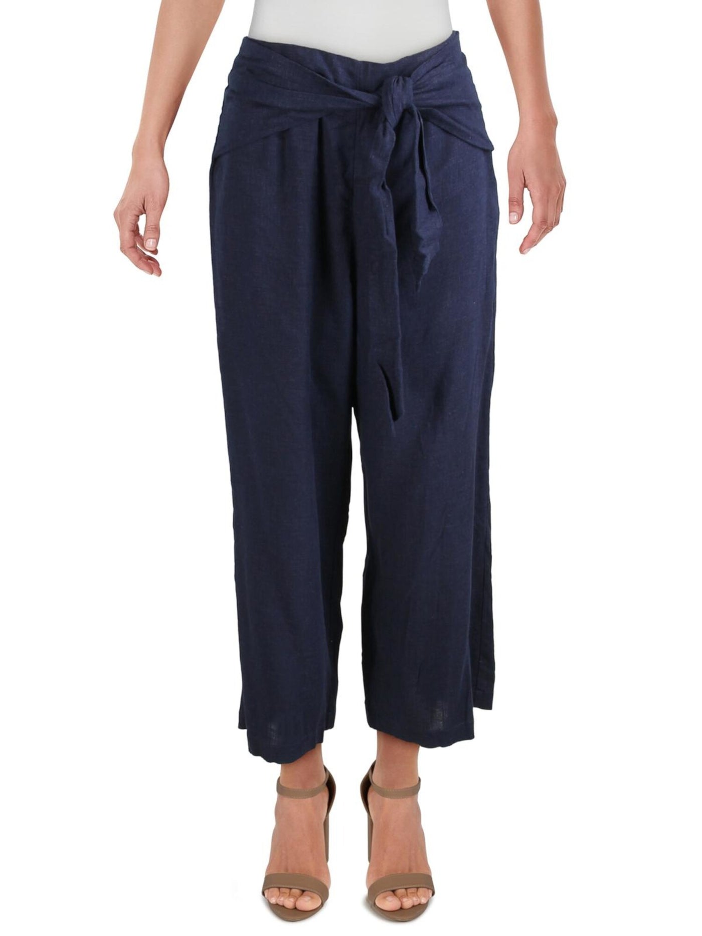 FASHION ON EARTH Womens Navy Tie Waist Cropped Pants Size: L