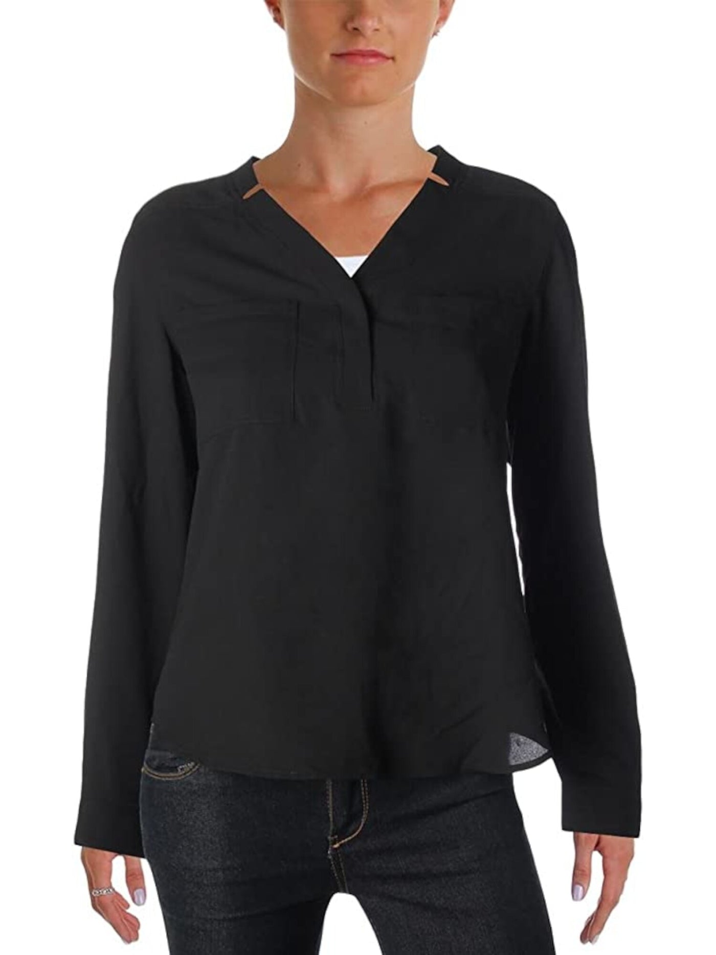 NINE WEST Womens Black Pocketed Pleated Notched Button Long Sleeve V Neck Wear To Work Blouse S