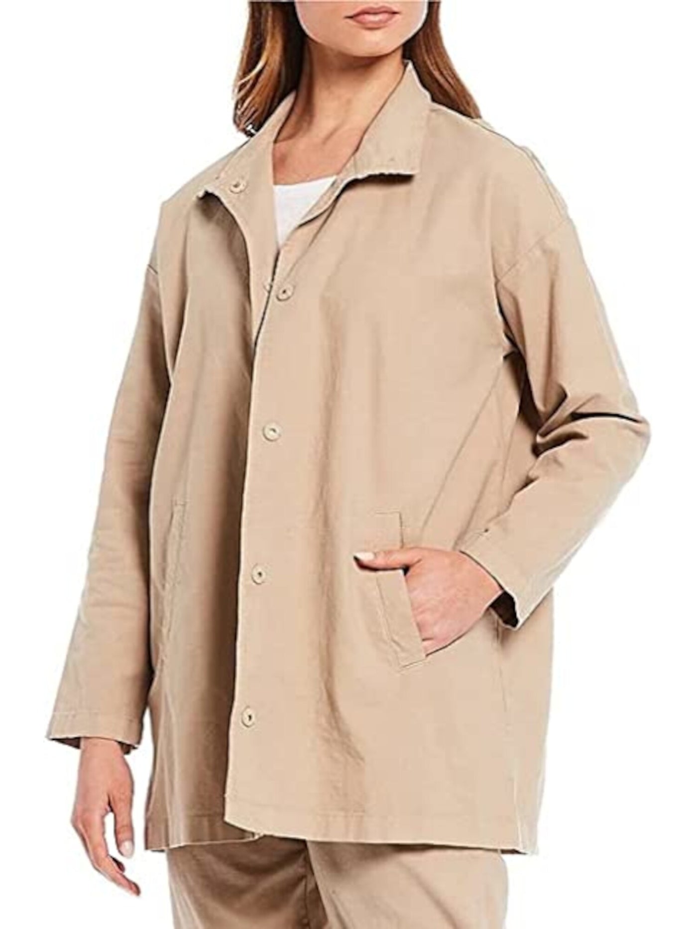 EILEEN FISHER Womens Beige Stretch Zippered Pocketed Unlined Long Sleeve Stand Collar Hooded Jacket Petites S\P