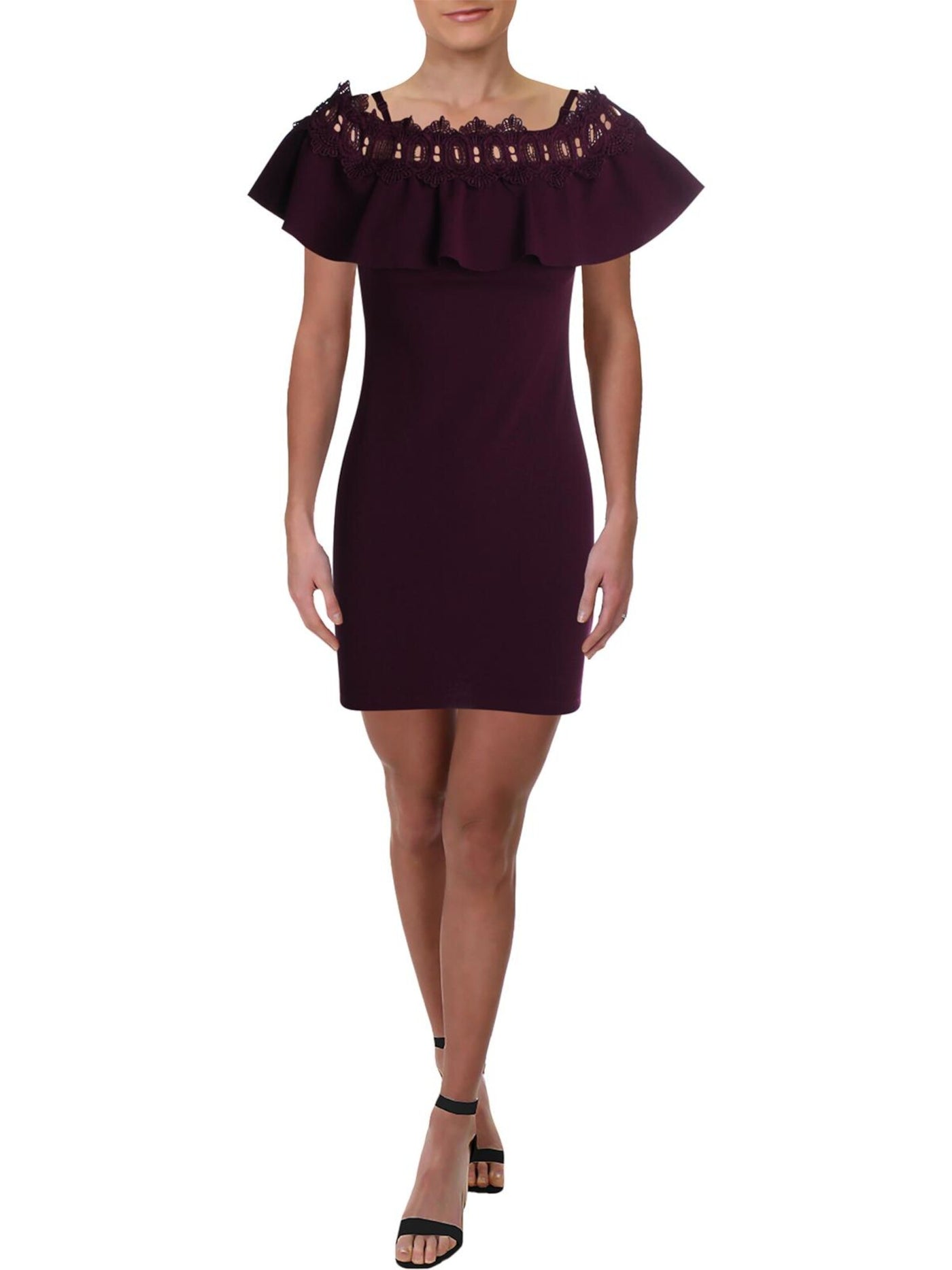 BCX Womens Purple Spaghetti Strap Off Shoulder Short Sheath Party Dress Size: 0