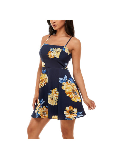B DARLIN Womens Navy Zippered Tie Rounded Hem Lined Floral Spaghetti Strap Above The Knee Party Fit + Flare Dress Juniors 13\14