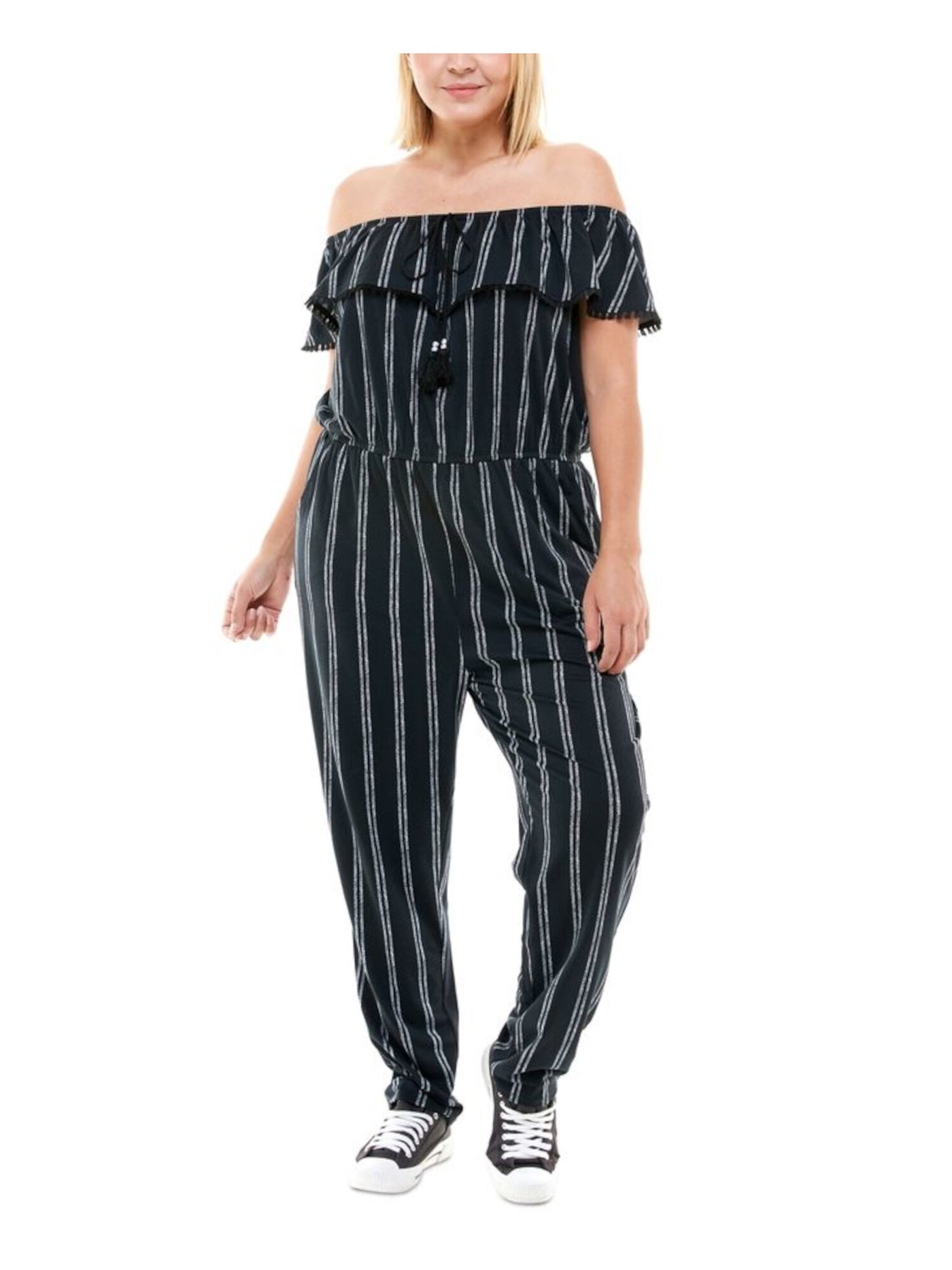 PLANET GOLD PLUS Womens Black Gathered Pocketed Pull-on Styling Striped Off Shoulder Straight leg Jumpsuit Plus 3X