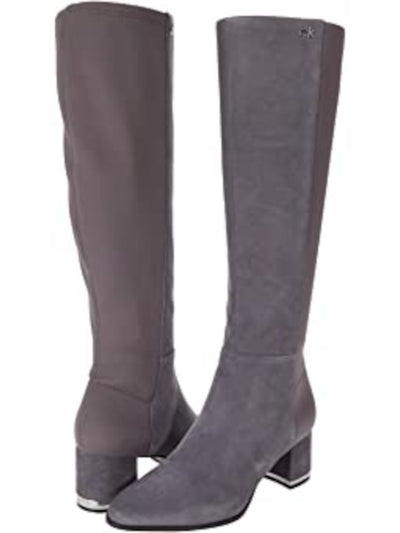 CALVIN KLEIN Womens Thunder Grey Gray Heel Plate Stretch Back Padded Logo Freeda Block Heel Zip-Up Leather Heeled Boots 5