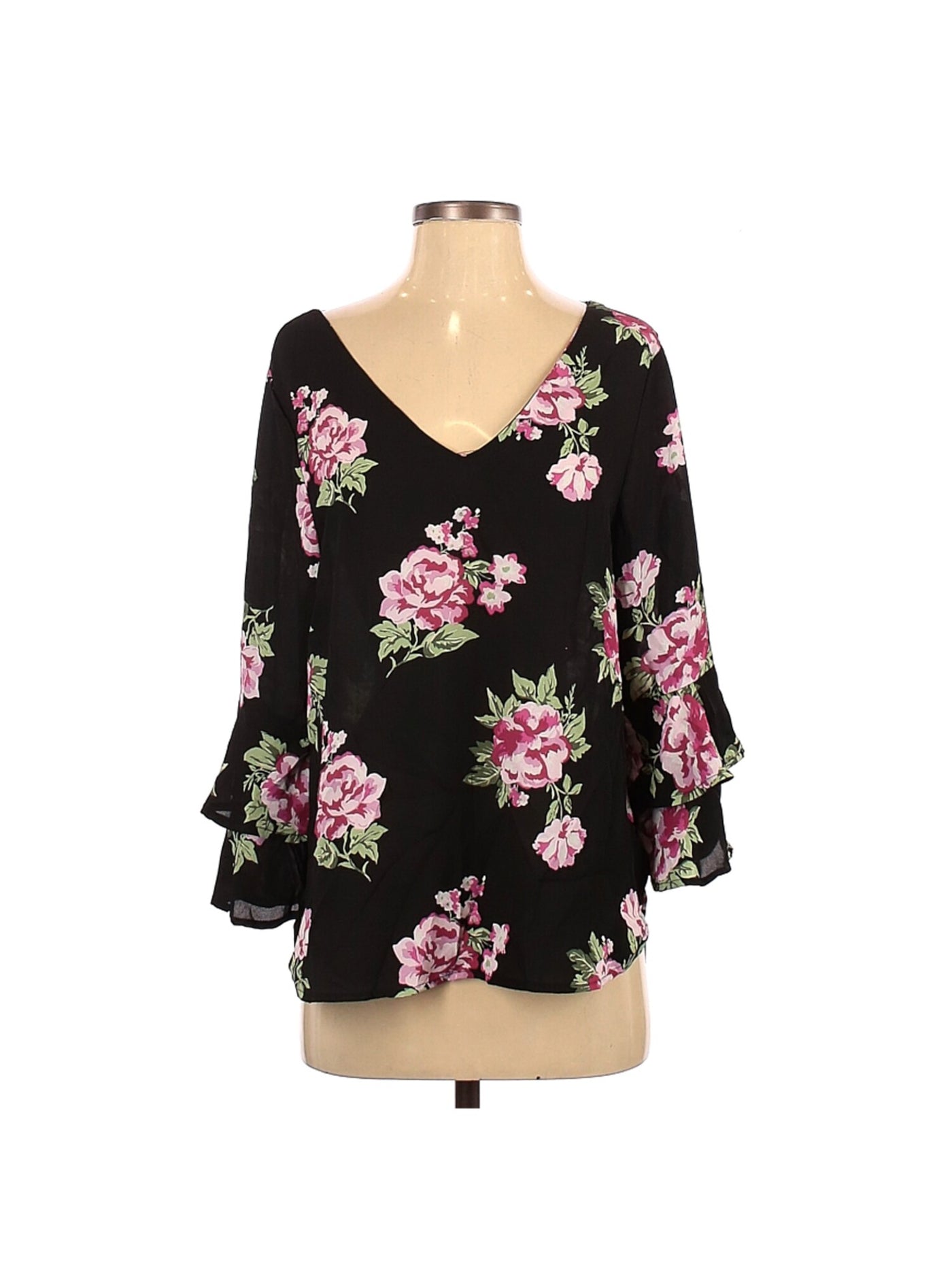 SEVEN SISTERS Womens Black Ruffled Floral Bell Sleeve V Neck Top Size: S