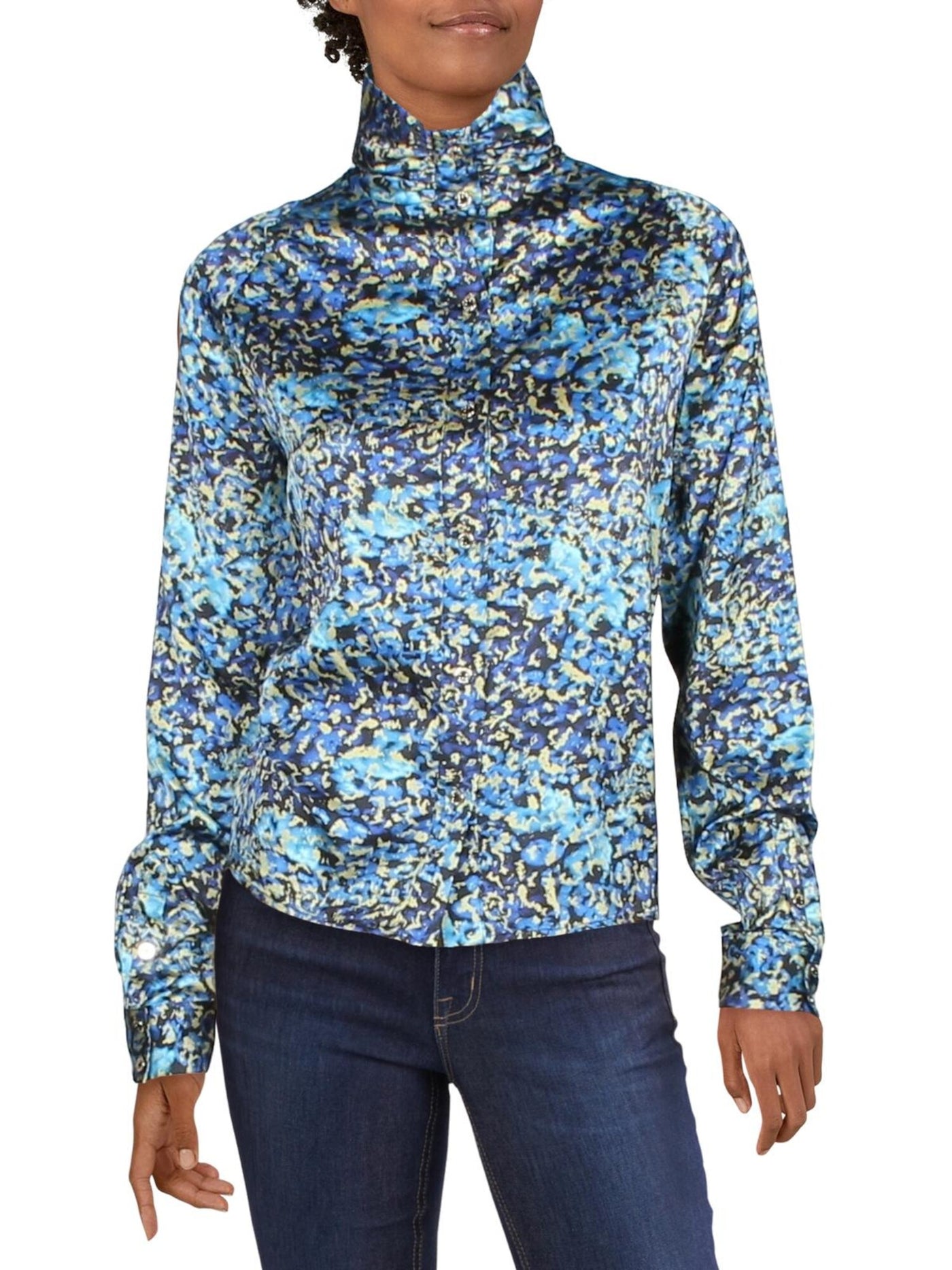 MARCIANO Womens Blue Printed Cuffed Sleeve Turtle Neck Button Up Top 44