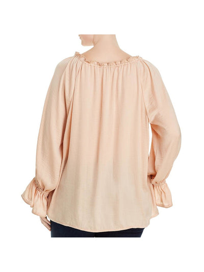 SINGLE THREAD Womens Pink Ruffled Embroidered Elastic Cuffs Long Sleeve Scoop Neck Party Blouse XS