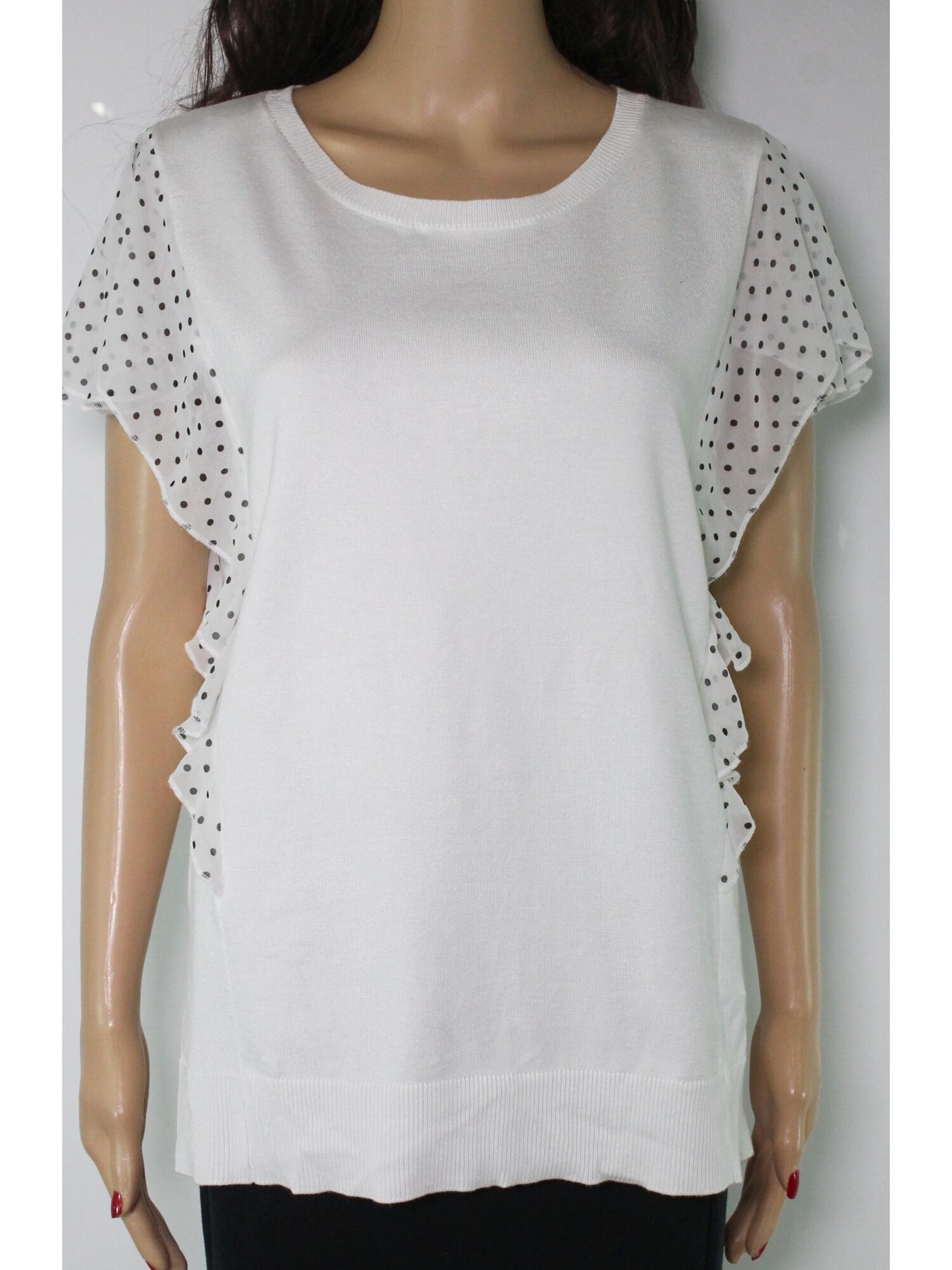 DKNY Womens Ivory Flutter-sleeve Polka Dot Scoop Neck Top Size: XS