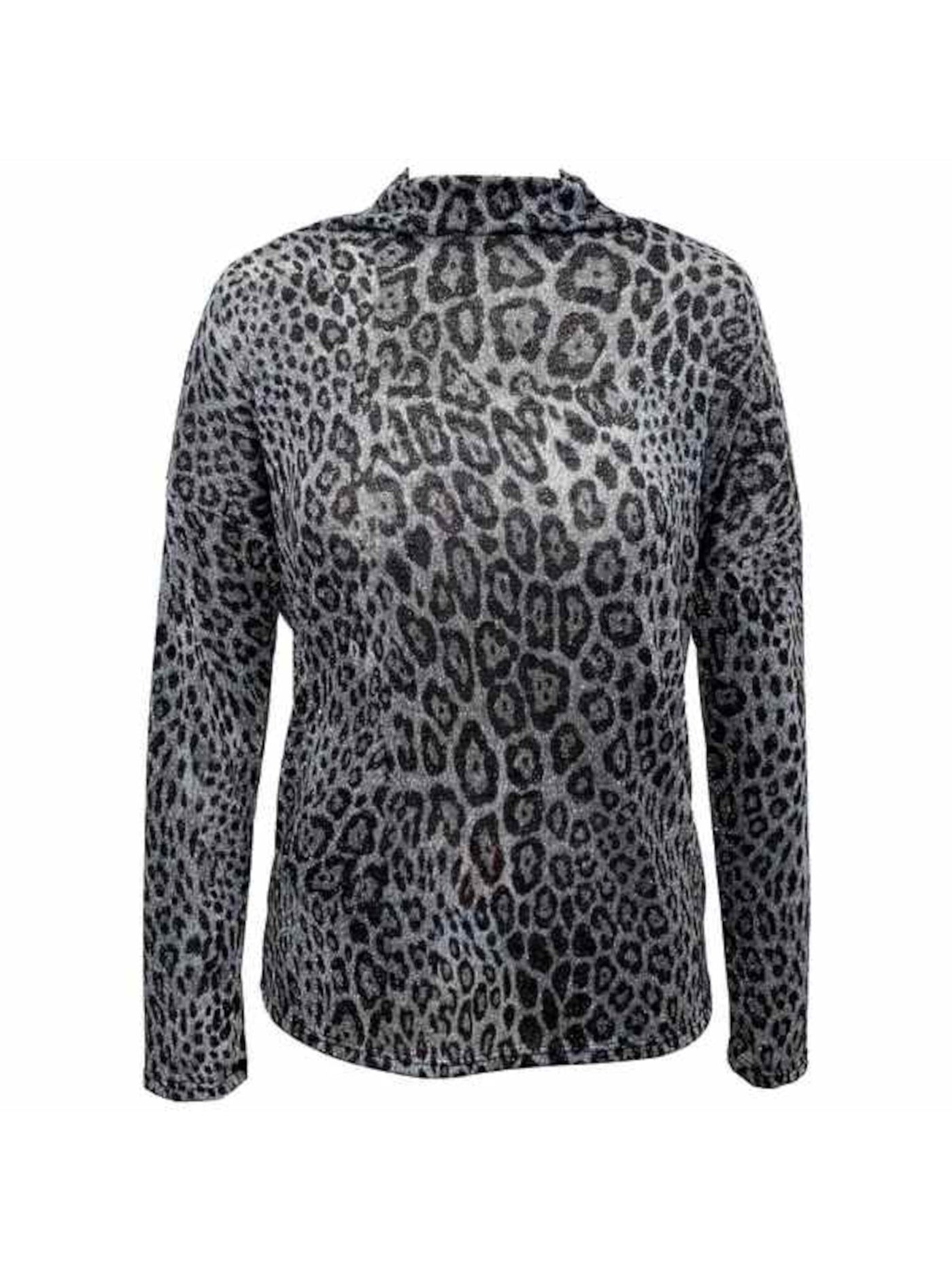 INC Womens Silver Funnel-neck Animal Print Long Sleeve Top Size: S