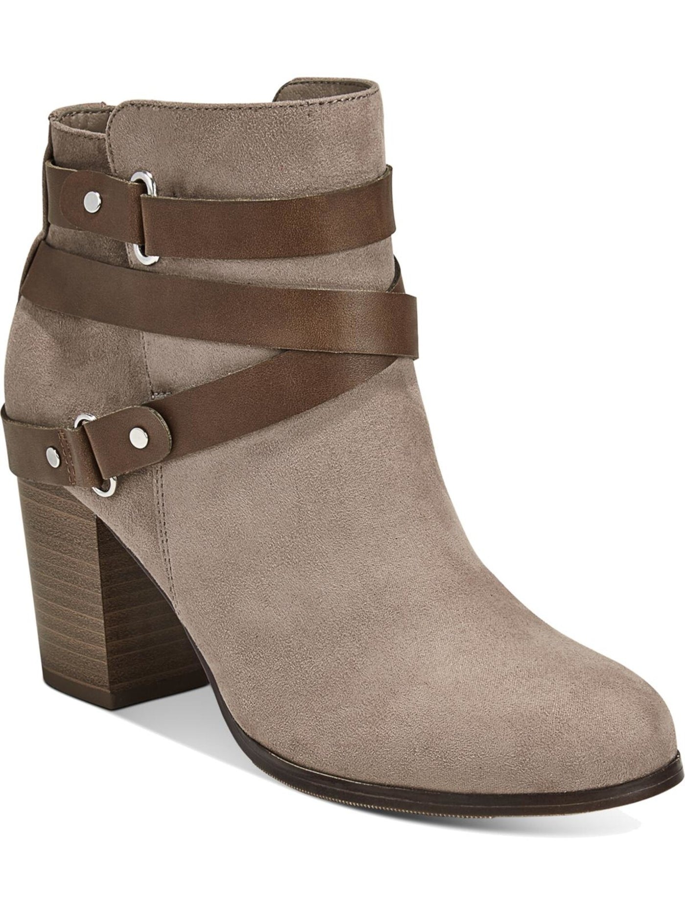 MATERIAL GIRL Womens Beige Buckled Strap Hardware Detail Cushioned Melany Round Toe Block Heel Zip-Up Booties 10.5 M