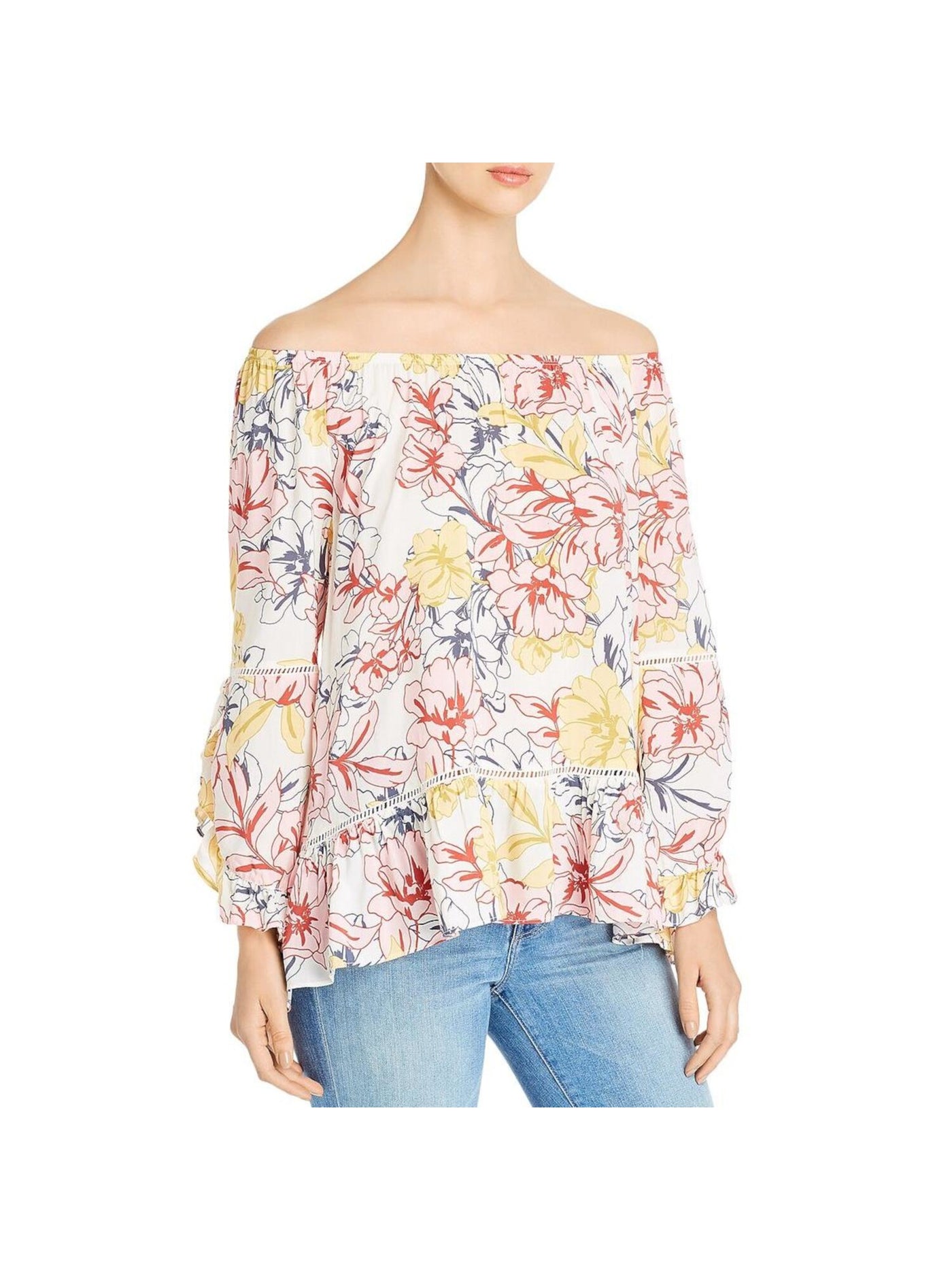 SINGLE THREAD Womens Pink Ruffled Floral Long Sleeve Off Shoulder Top M
