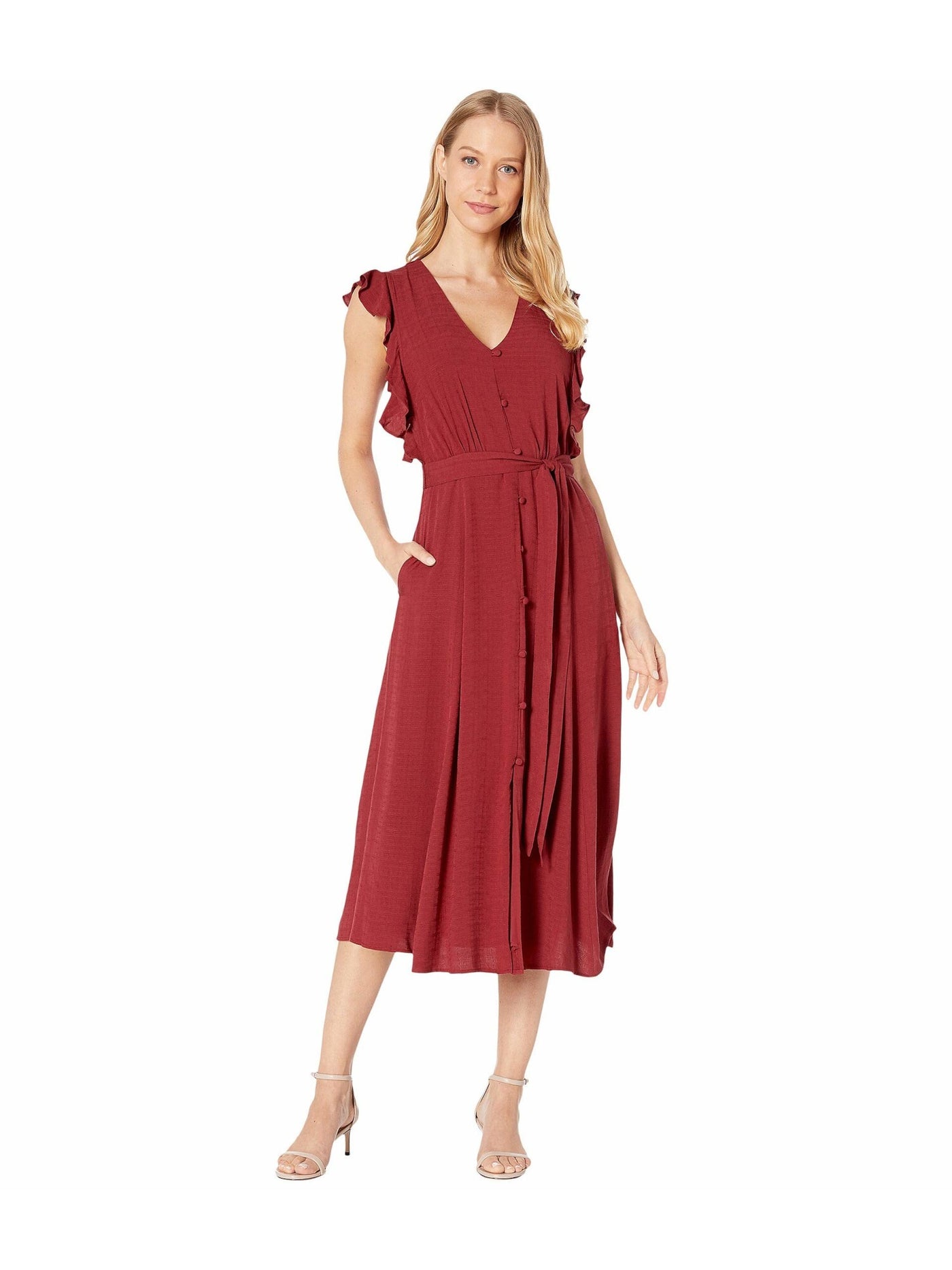 1. STATE Womens Maroon Short Sleeve V Neck Midi Fit + Flare Dress Size: XXS