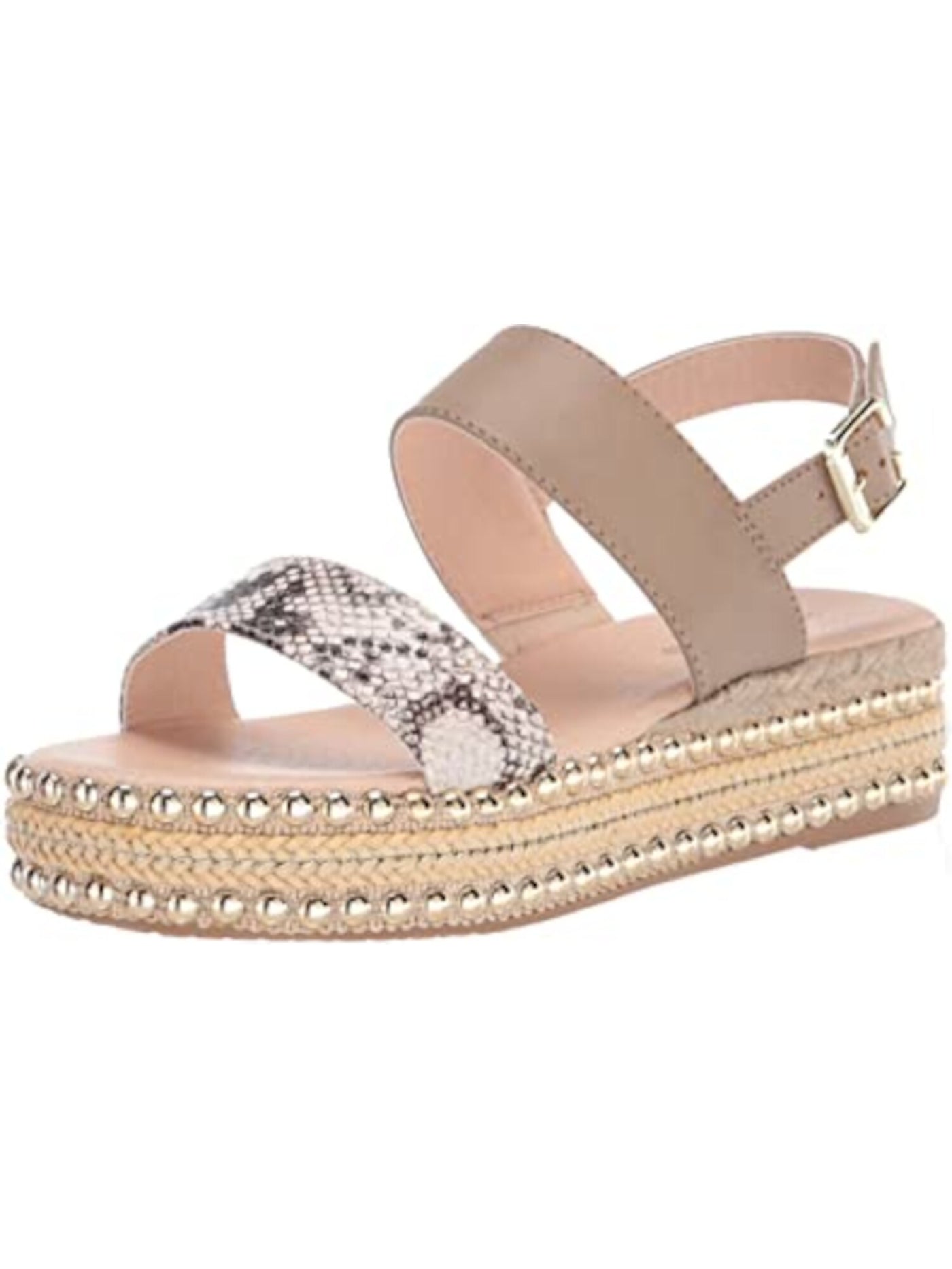 SEVEN DIALS Womens Beige Snake Print Padded Strappy Woven Detailing Studded Adjustable Strap Berenice Round Toe Platform Buckle Espadrille Shoes 5.5 M