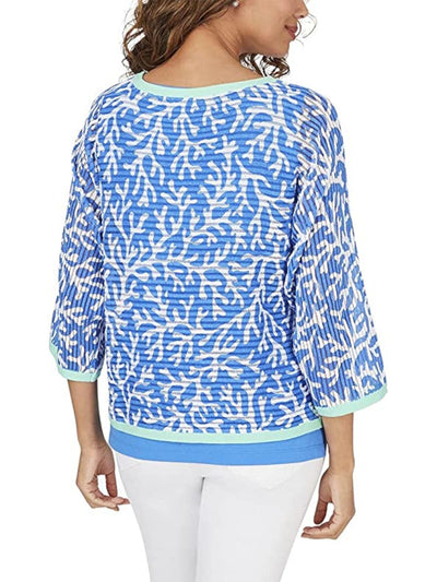 FOXCROFT Womens Blue Printed 3/4 Sleeve Round Neck Wear To Work Top XS