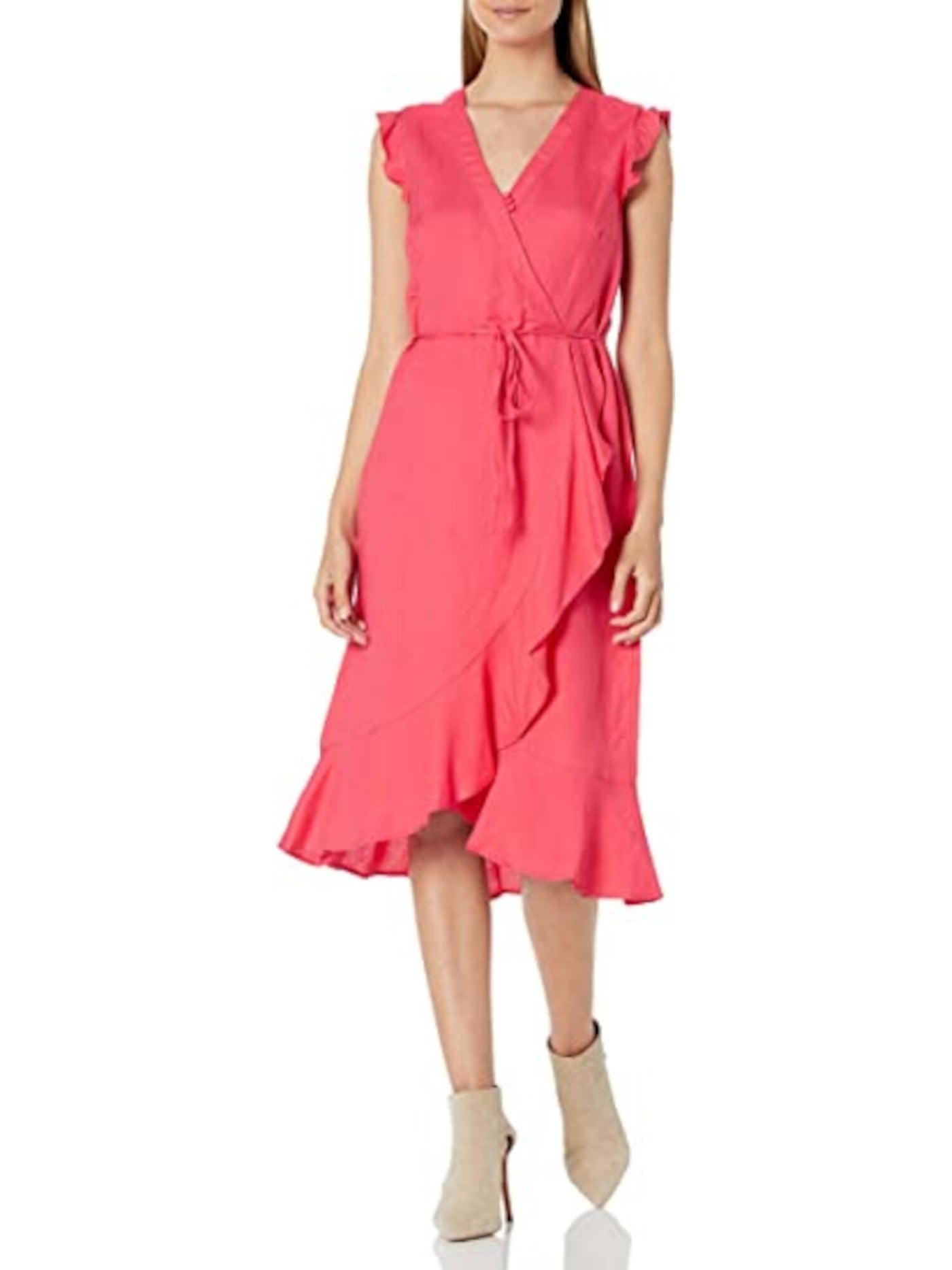 KARL LAGERFELD Womens Coral Ruffled Zippered Sleeveless V Neck Knee Length Cocktail Faux Wrap Dress 14