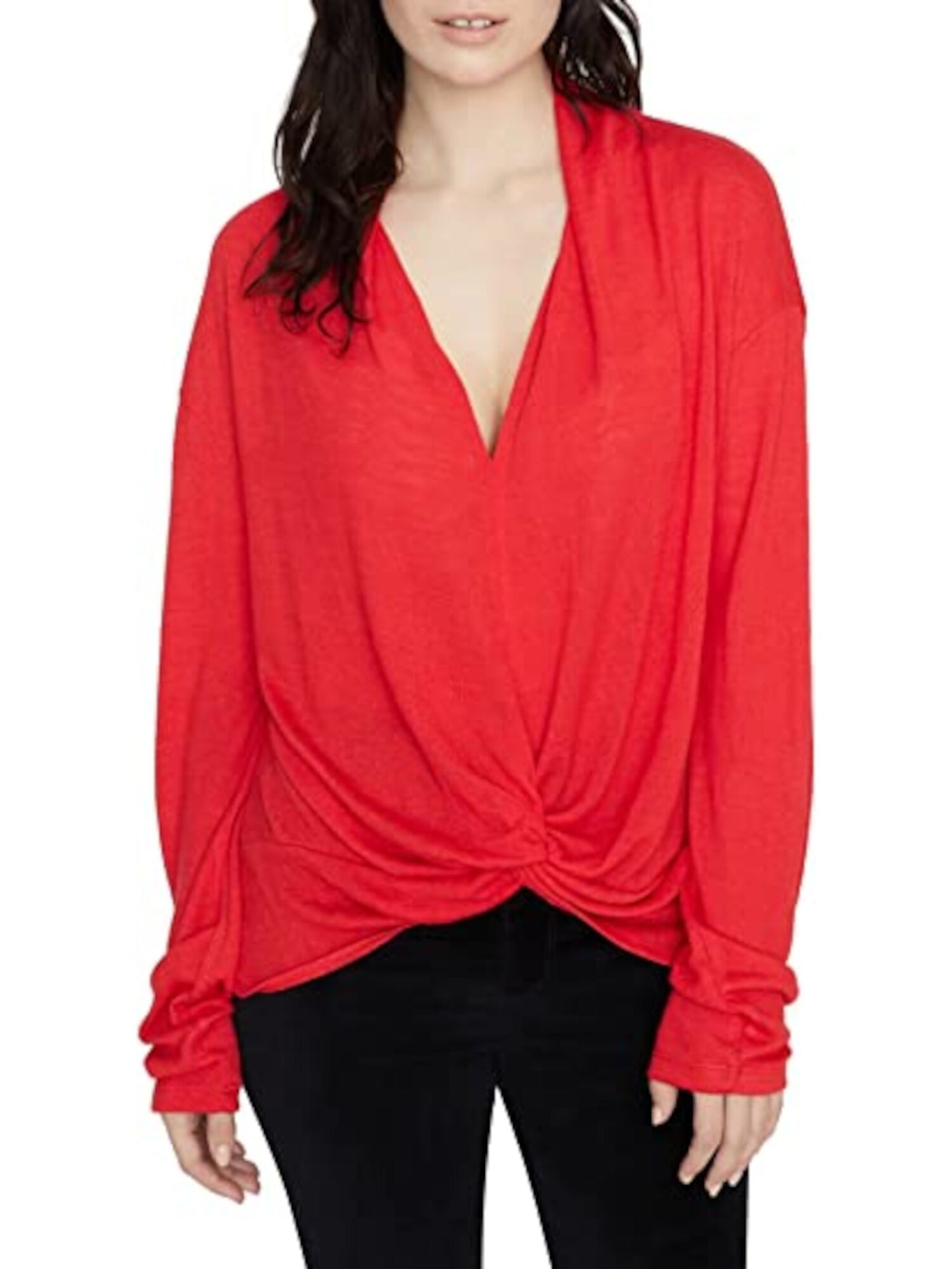 SANCTUARY Womens Red Knit Ribbed Knot-front Long Sleeve V Neck Faux Wrap Top XS