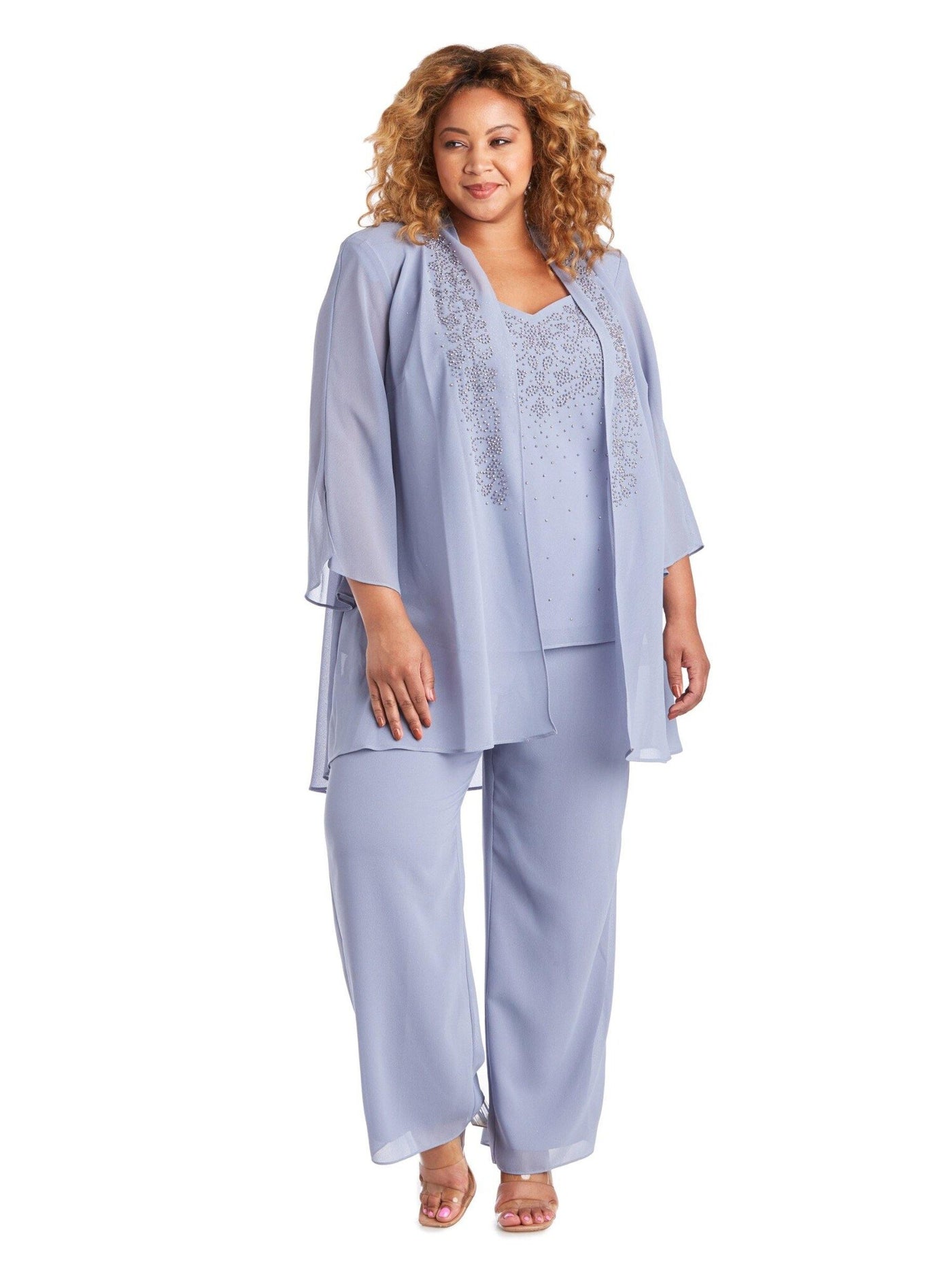 R&M RICHARDS Womens Blue Embellished Chiffon Sleeveless V Neck Evening Blouse Plus 14W