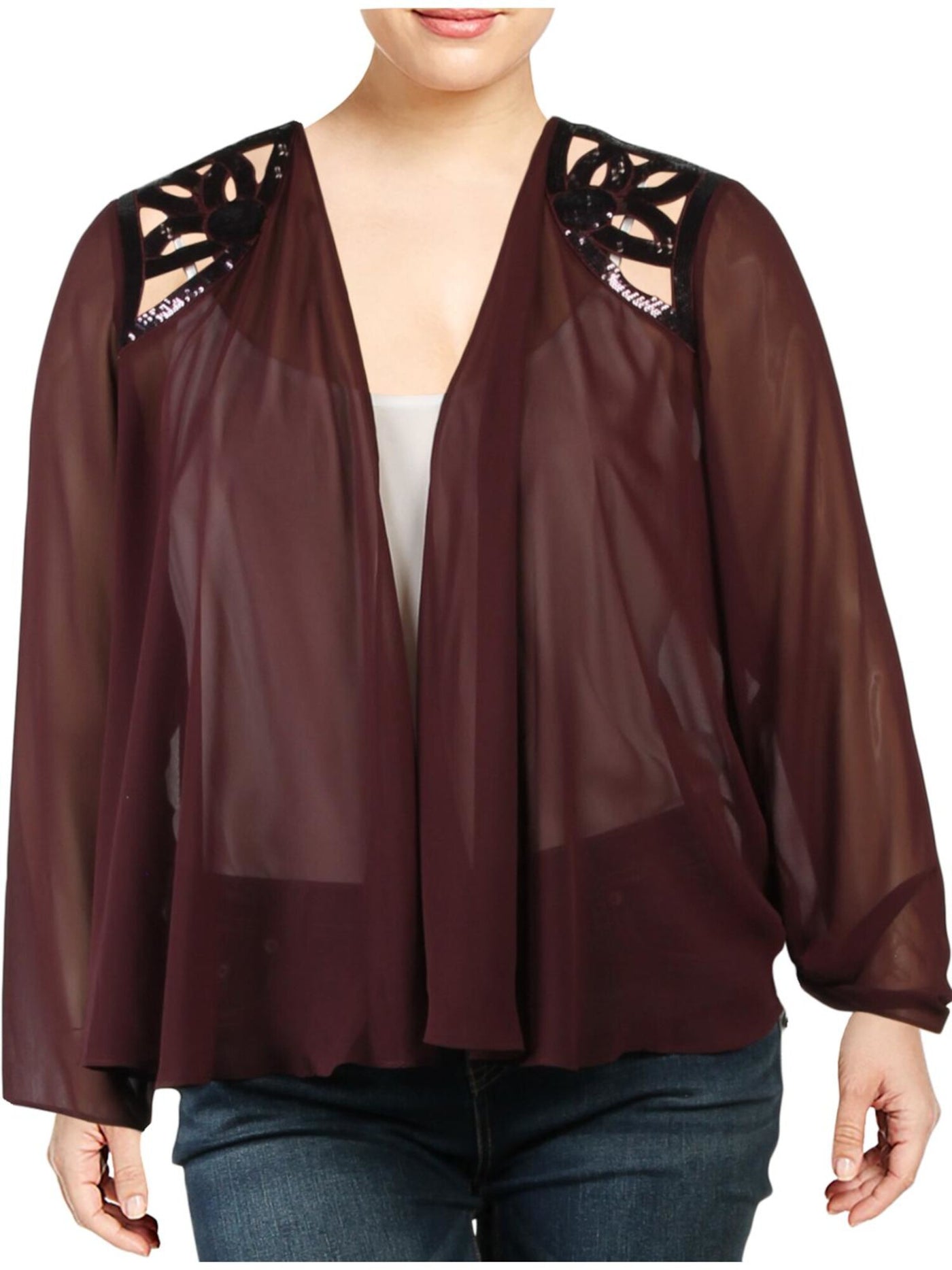 SLNY Womens Maroon Stretch Embellished Long Sleeve Jacket 14