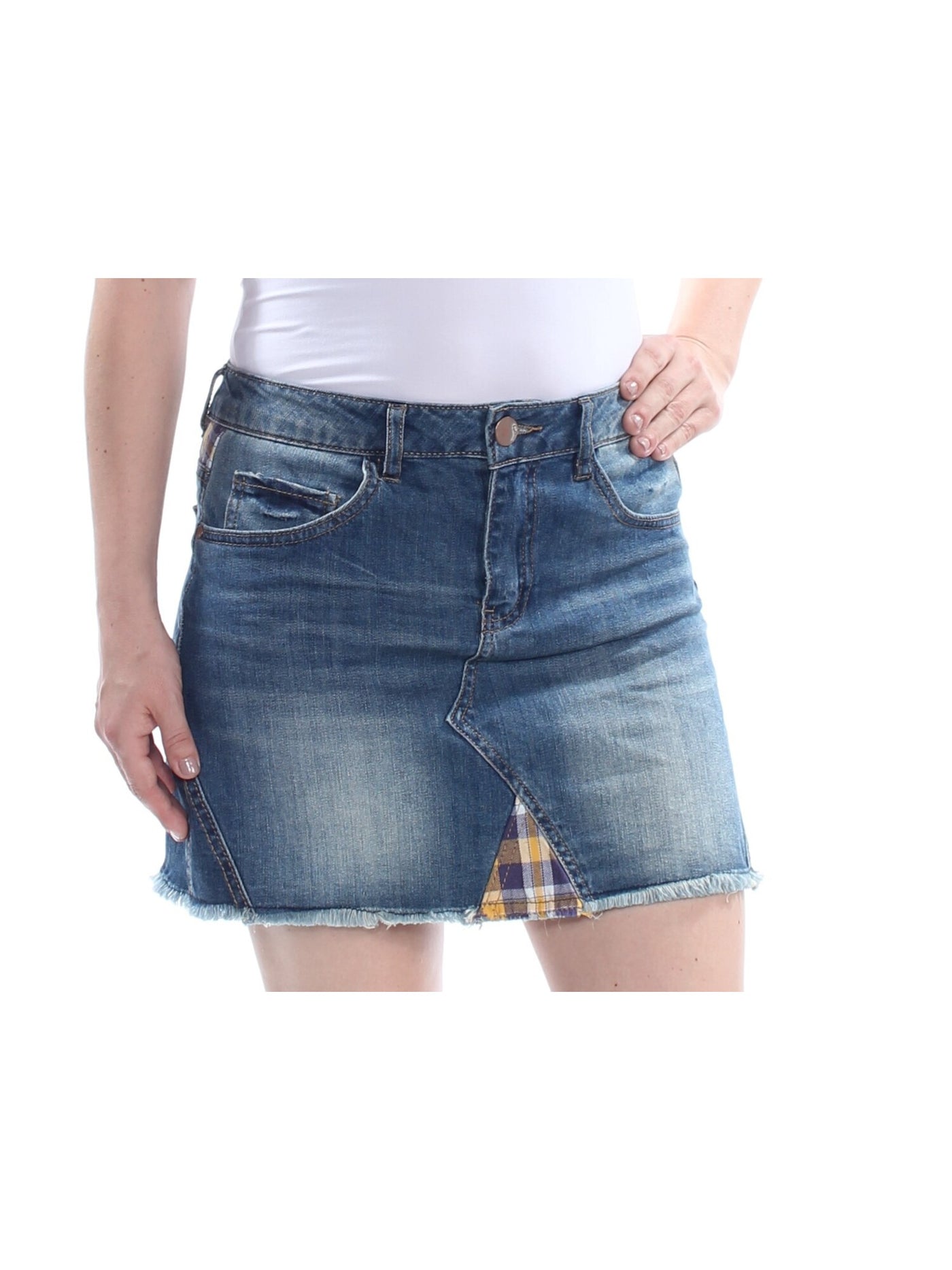 DOLLHOUSE Womens Blue Denim Zippered Pocketed Plaid-contrast Mini A-Line Skirt Juniors 7