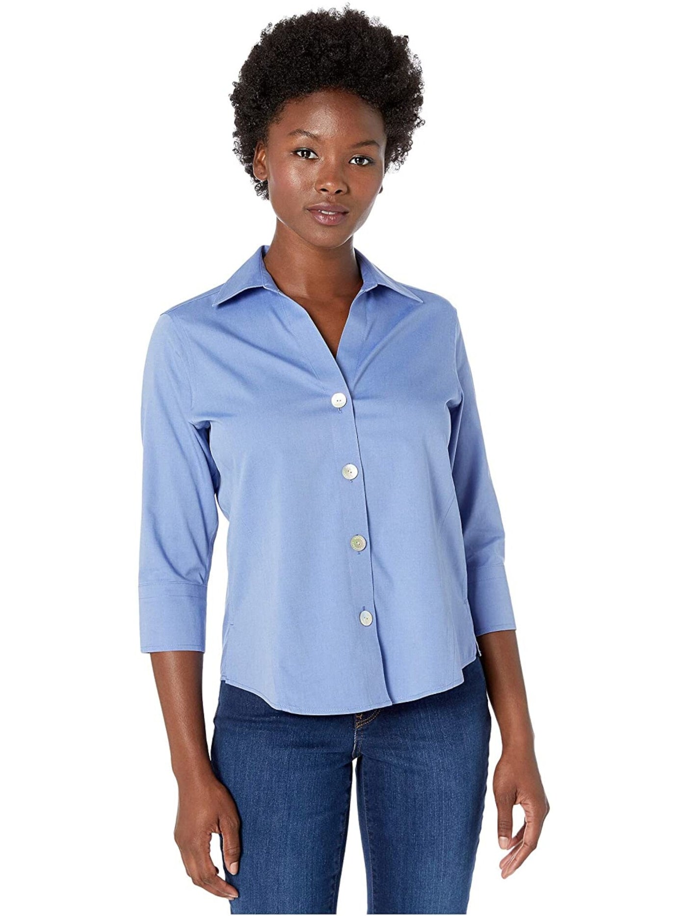 FOXCROFT Womens Blue 3/4 Sleeve Collared Button Up Top Size: 2