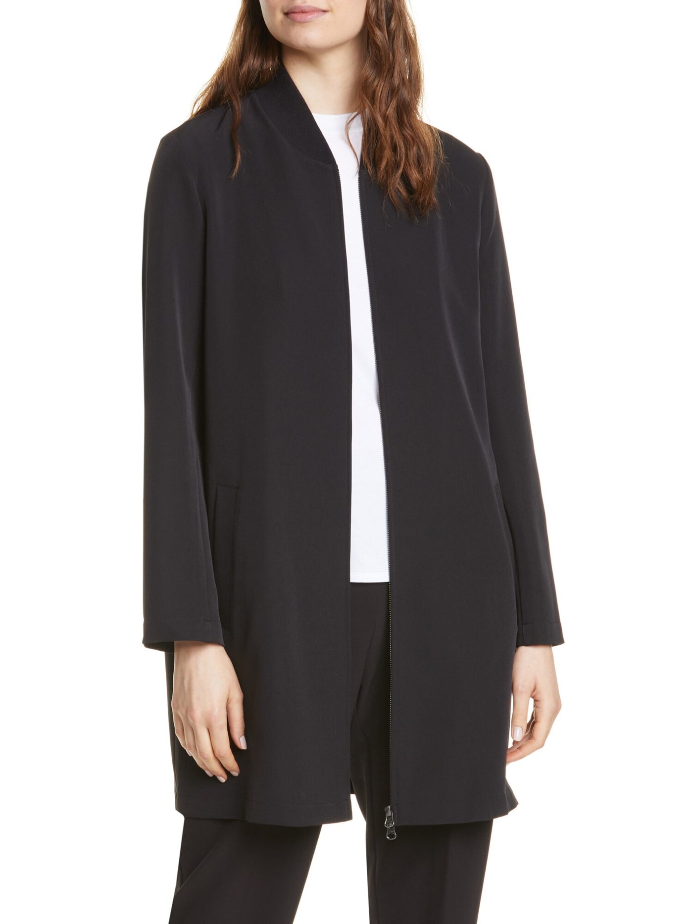 EILEEN FISHER Womens Black Stretch Pocketed Long Two-way Front-zip Closure Long Sleeve Stand Collar Wear To Work Jacket M