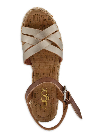 SUGAR Womens Brown Woven Heel Metallic Straps Adjustable Strap Cushioned Happy Almond Toe Wedge Buckle Heeled Gladiator Sandal 6 M