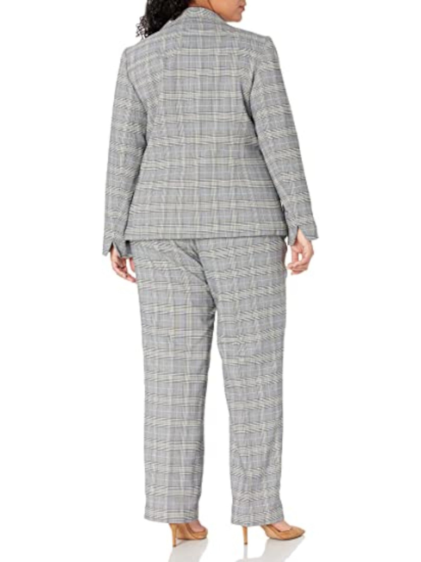 LE SUIT Womens Gray Stretch Zippered Pocketed Lined Plaid Long Sleeve Collared Wear To Work Blazer Straight leg Pant Suit 14