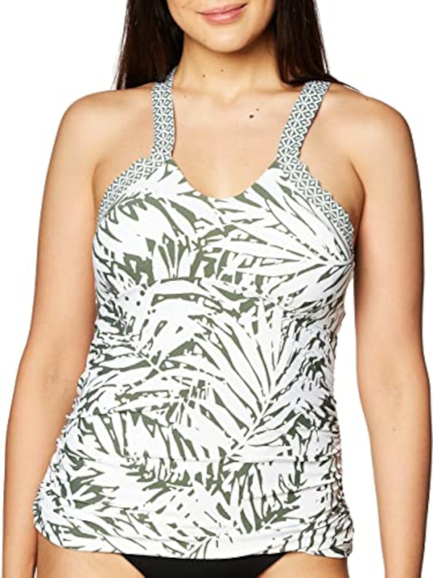 ANNE COLE Women's White Tropical Print Stretch Removable Cups Lined Adjustable Palm Breeze High Neck Tankini Swimsuit Top XS