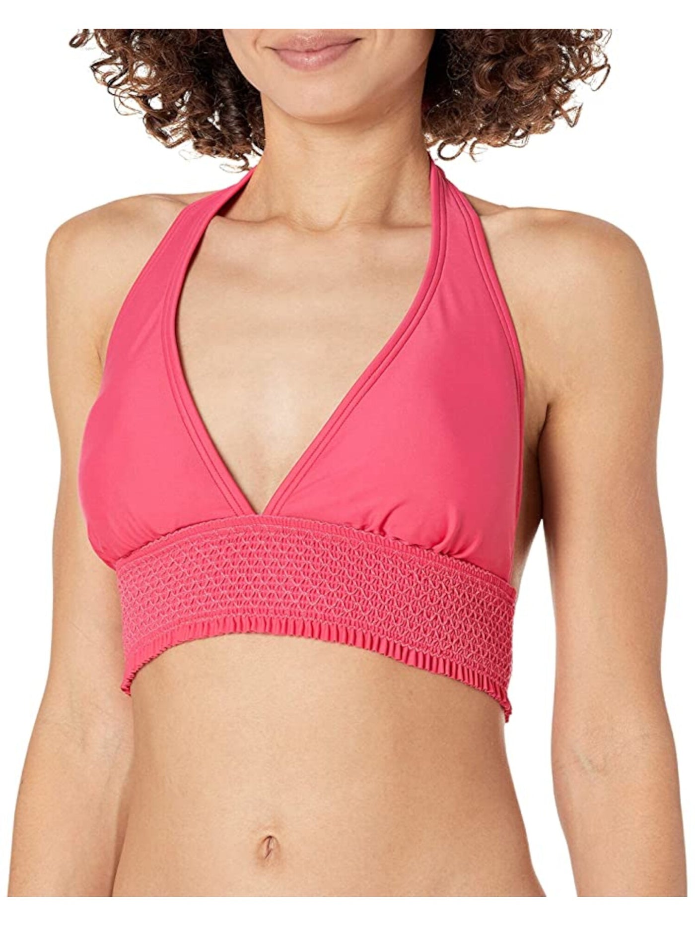 TOMMY HILFIGER Women's Pink Stretch Smocked Lined Tie Deep V Neck Adjustable Halter Swimsuit Top XS