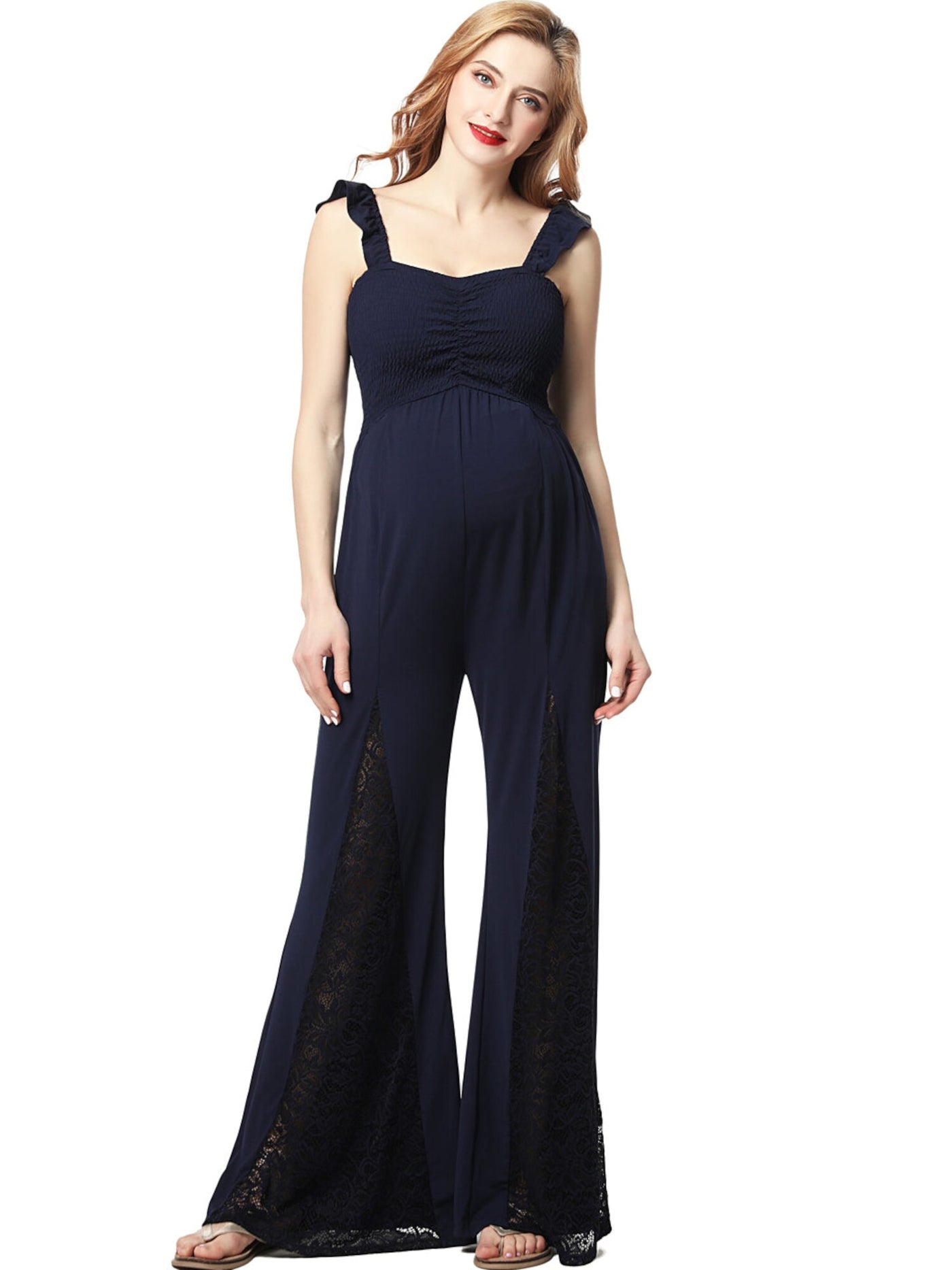 KIMI & KAI Womens Navy Stretch Ruffled Smocked Ruched Pocketed Lace Sleeveless Sweetheart Neckline Jumpsuit Maternity L