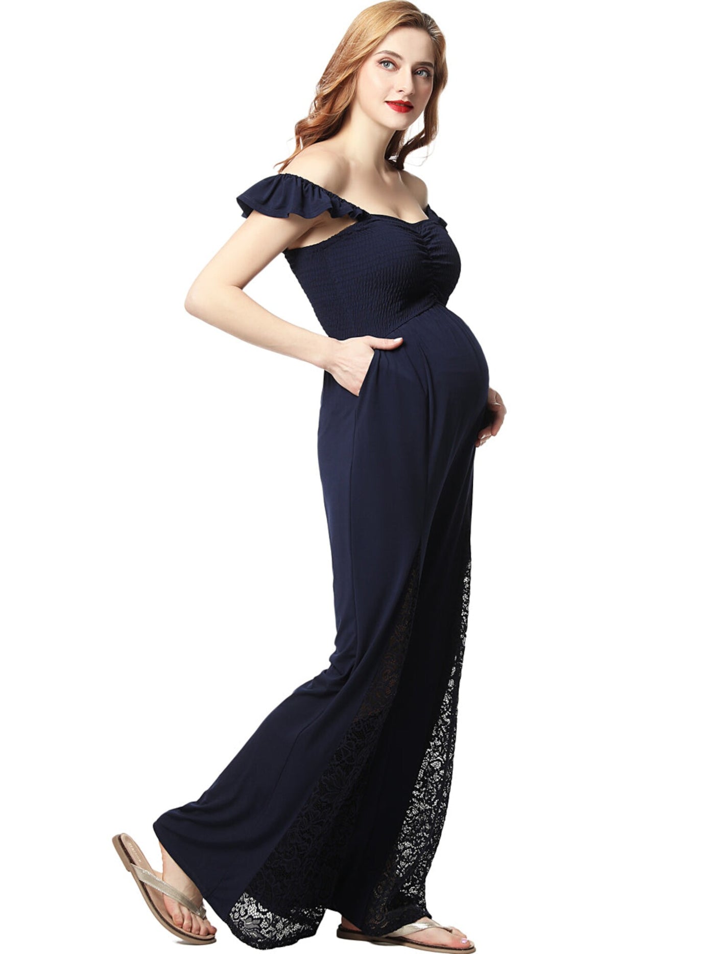 KIMI & KAI Womens Navy Stretch Ruffled Smocked Ruched Pocketed Lace Sleeveless Sweetheart Neckline Jumpsuit Maternity L