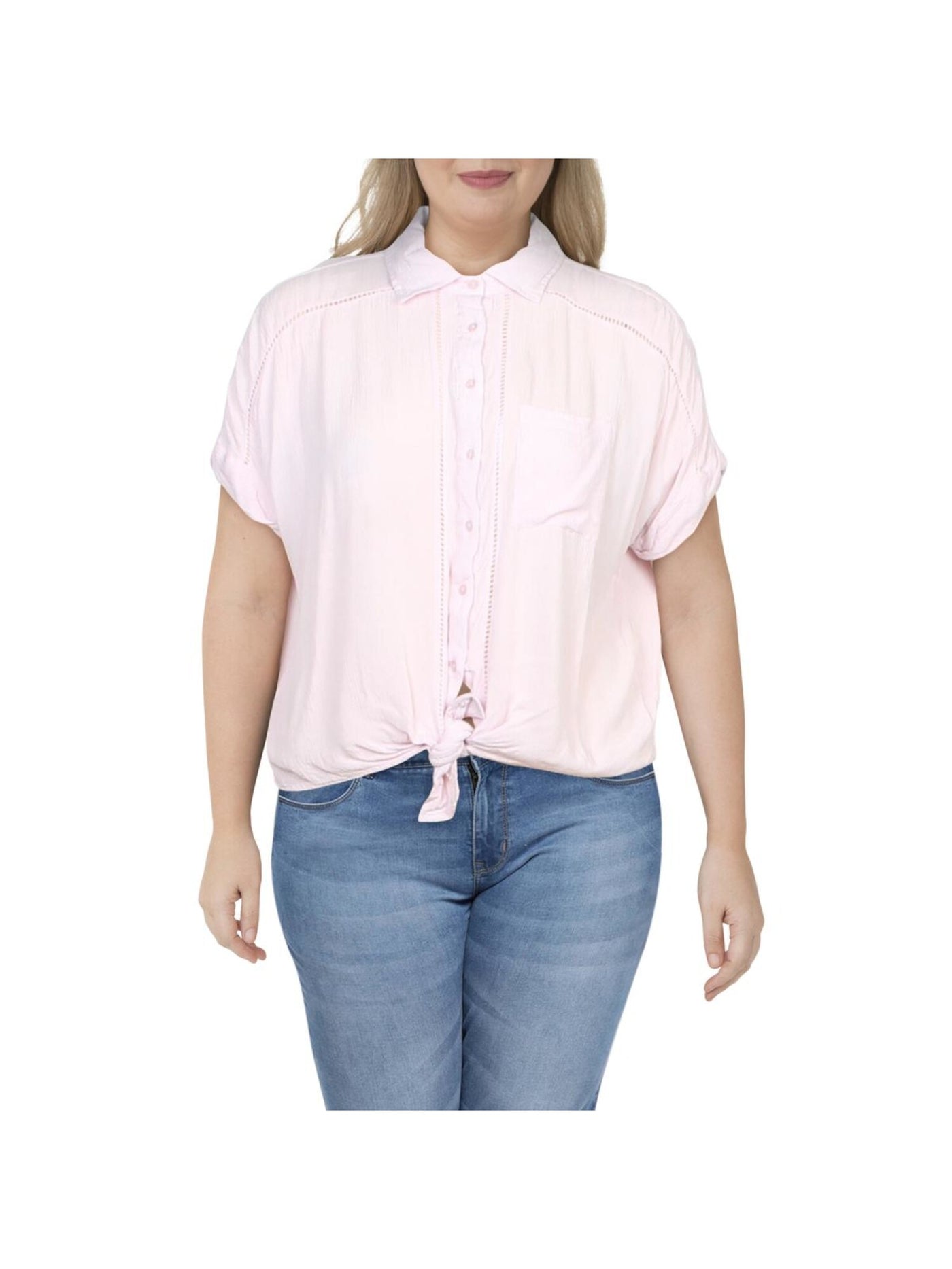 PLANET GOLD Womens Pink Pocketed Tie Front Short Sleeve Collared Button Up Top Juniors L