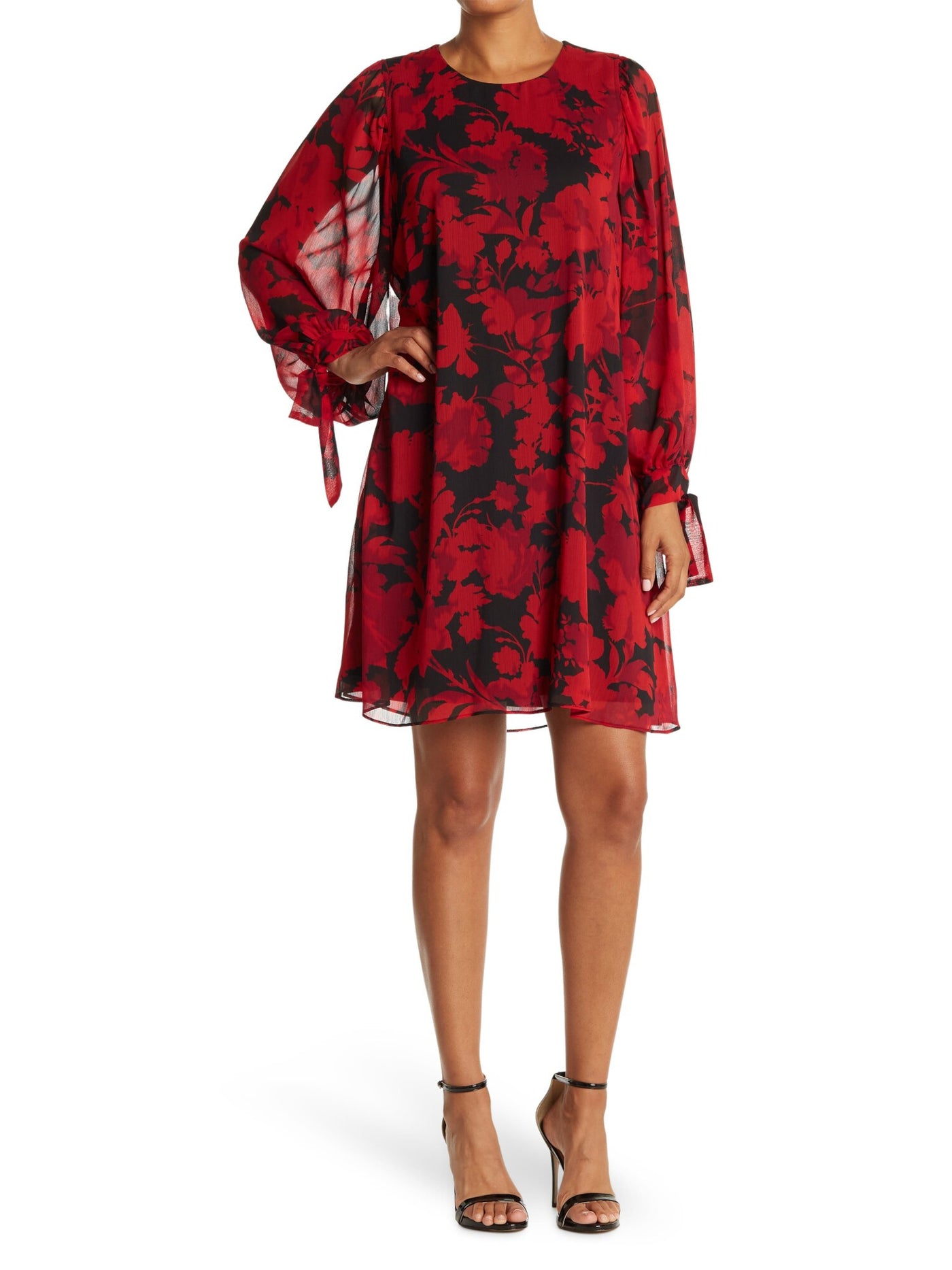 CALVIN KLEIN Womens Red Sheer Ruffled Floral Long Sleeve Jewel Neck Short Cocktail Shift Dress 2