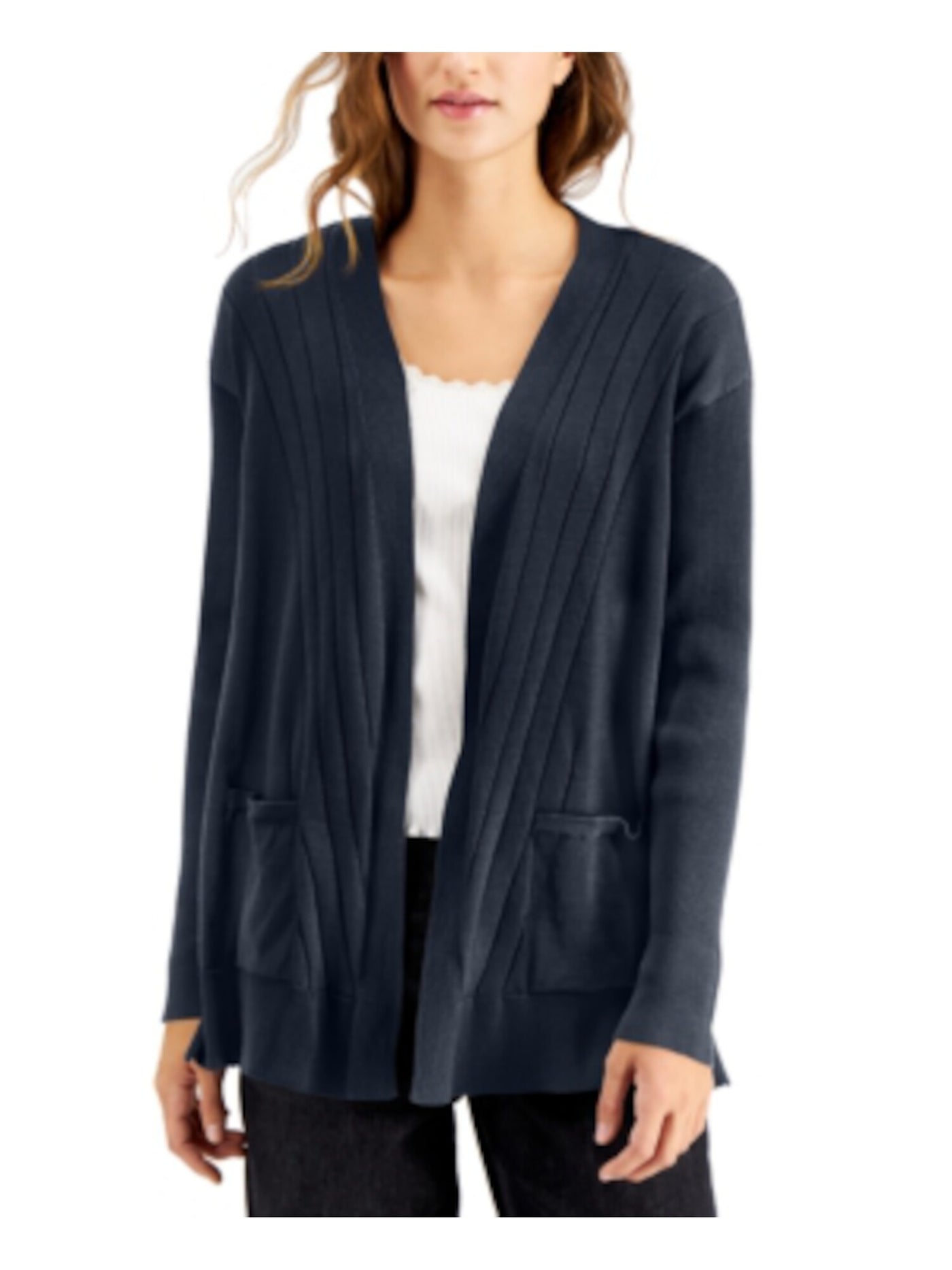 WILLOW DRIVE Womens Navy Pocketed Multi-stitch Long Sleeve Open Cardigan Sweater XS