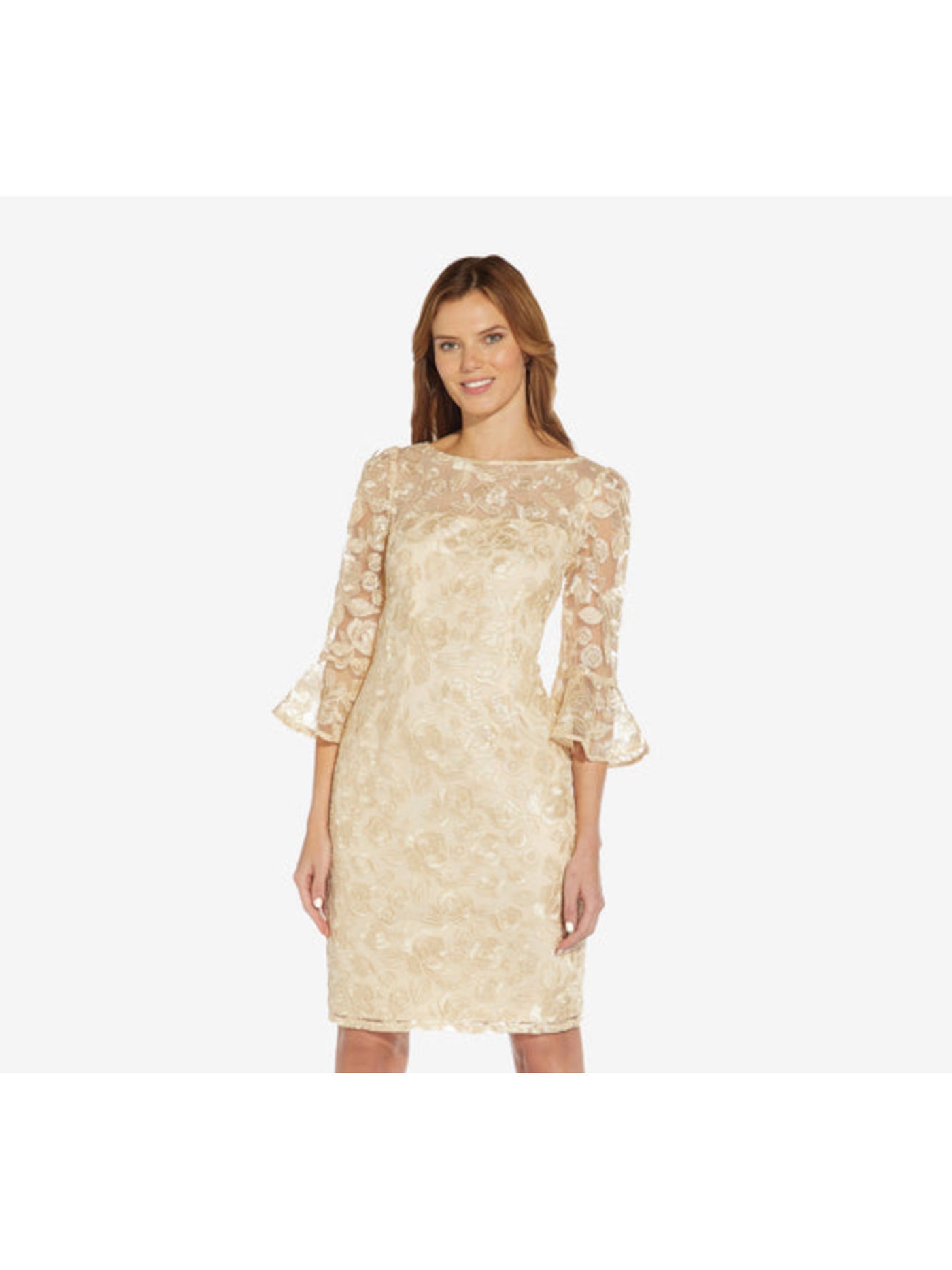 ADRIANNA PAPELL Womens Beige Lace Sheer Zippered Embroidered Bell Sleeve Boat Neck Above The Knee Cocktail Sheath Dress 2